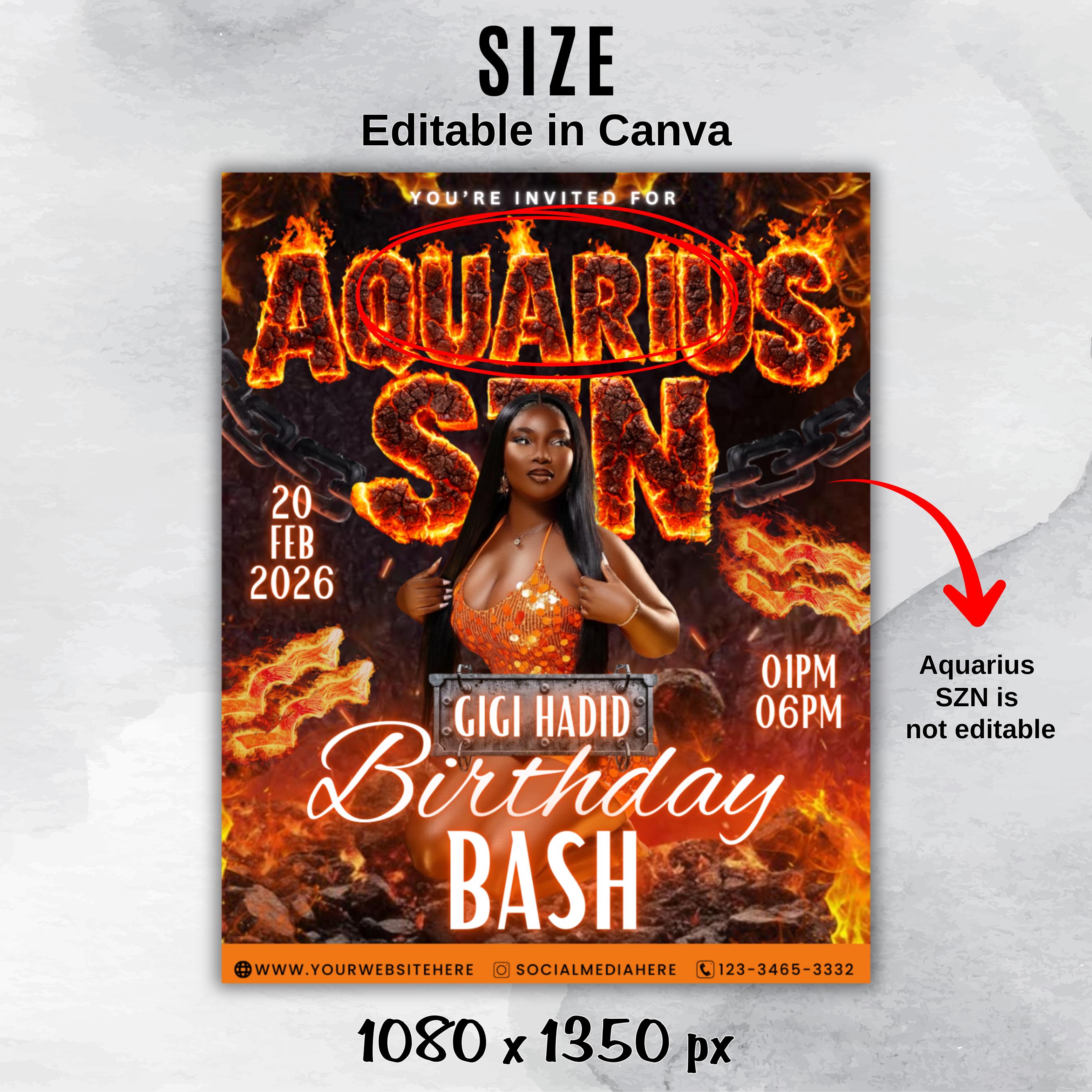 Aquarius Birthday Flyer For Her, Aquarius Fire Theme Birthday Flyer, Aquarius Szn Celebration Flyer, Canva Editable Aquarius Party Flyer