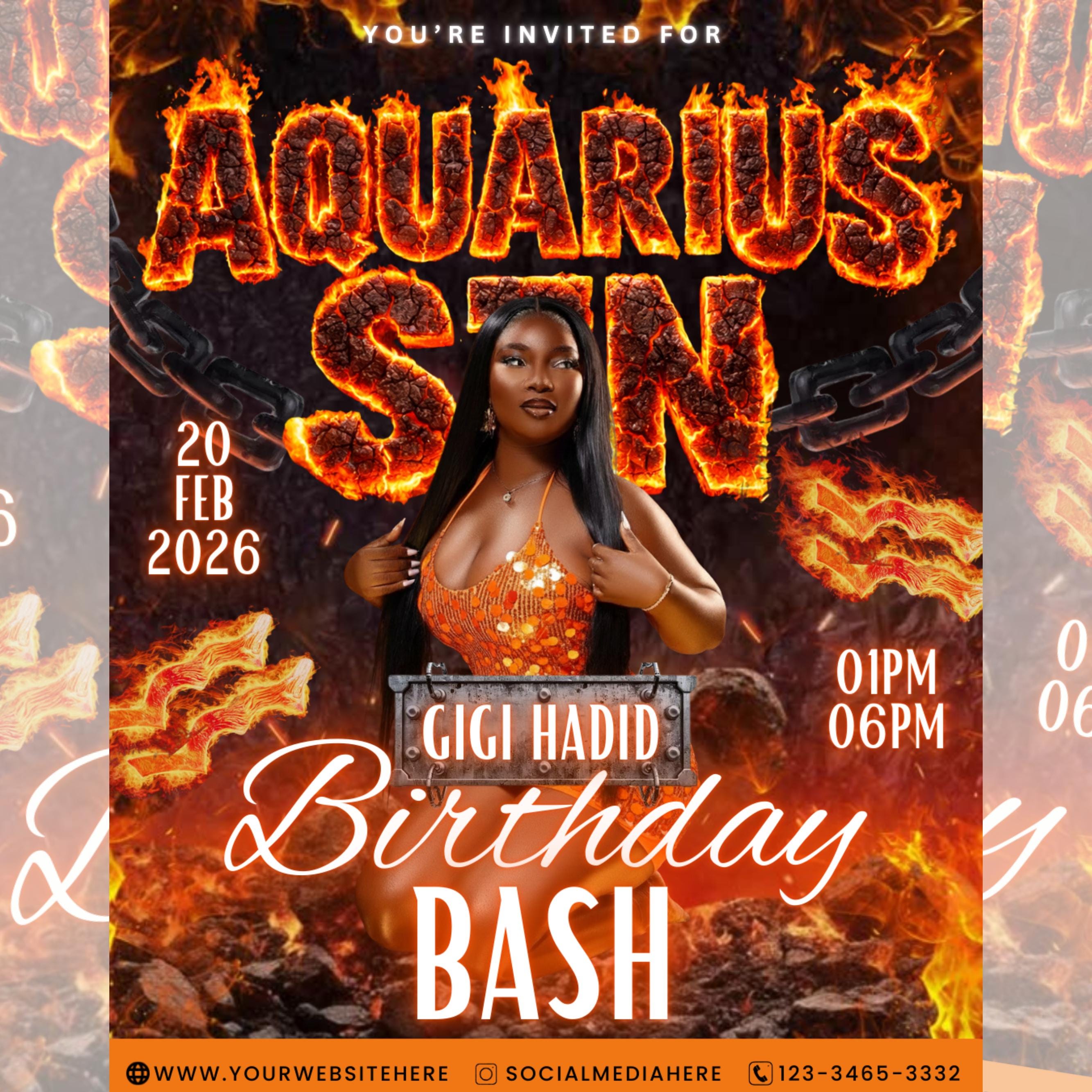 Aquarius Birthday Flyer For Her, Aquarius Fire Theme Birthday Flyer, Aquarius Szn Celebration Flyer, Canva Editable Aquarius Party Flyer