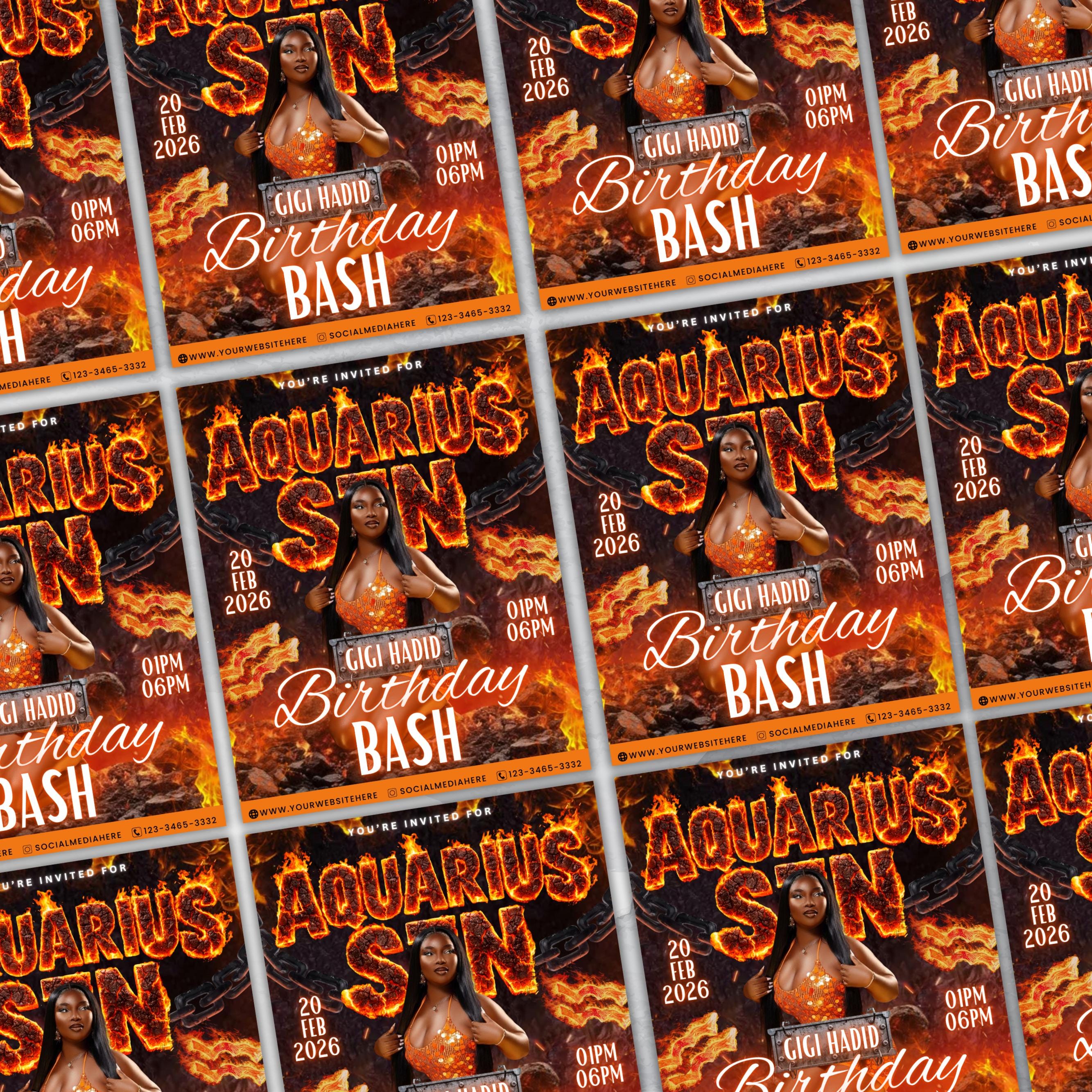 Aquarius Birthday Flyer For Her, Aquarius Fire Theme Birthday Flyer, Aquarius Szn Celebration Flyer, Canva Editable Aquarius Party Flyer
