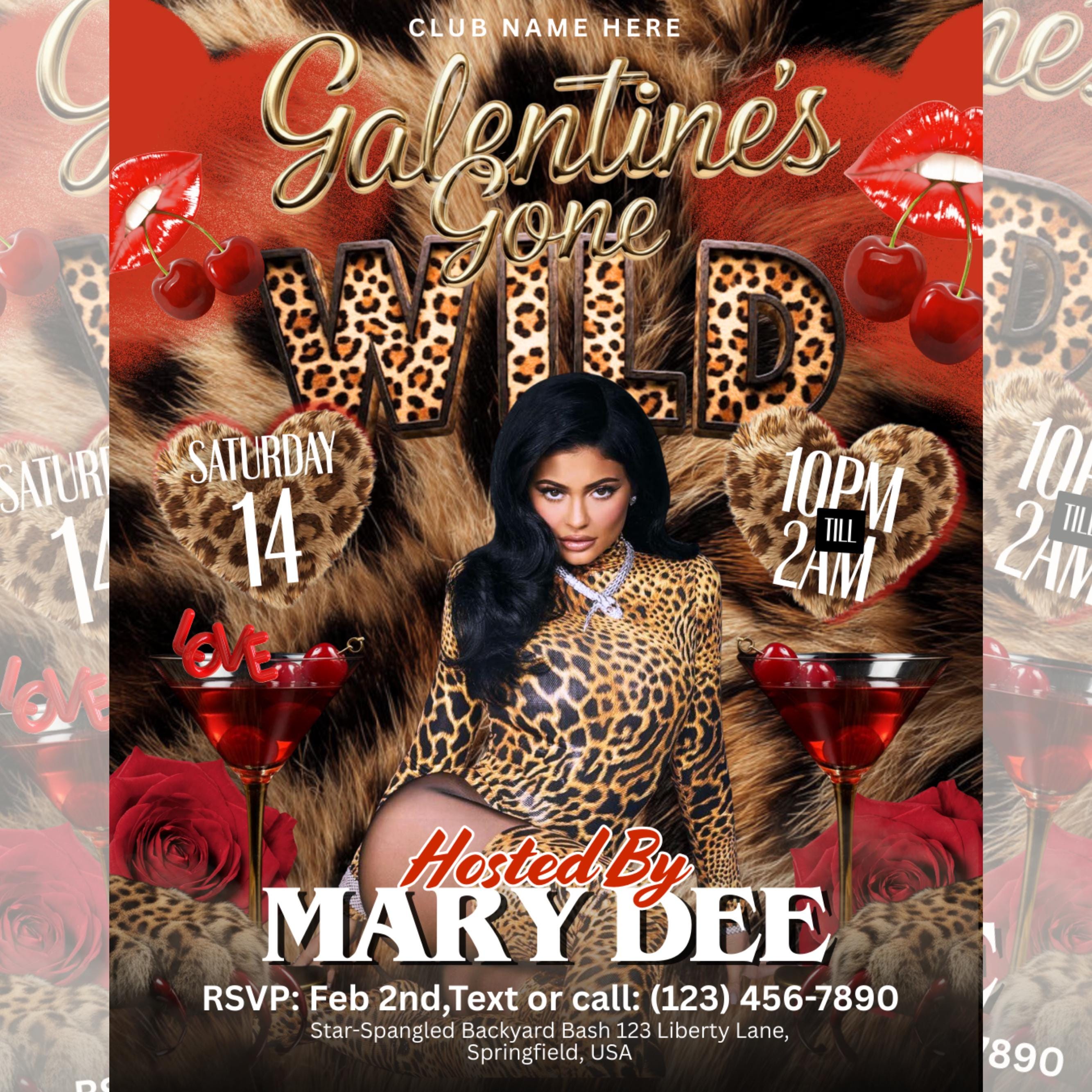 Cheetah Print Galentines Day Party Flyer, Wild Girls Night Party, DJ Nightclub Party Flyer, Canva Editable Leopard Print Girls Party Flyer