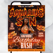 Aquarius Birthday Flyer For Her, Aquarius Fire Theme Birthday Flyer, Aquarius Szn Celebration Flyer, Canva Editable Aquarius Party Flyer