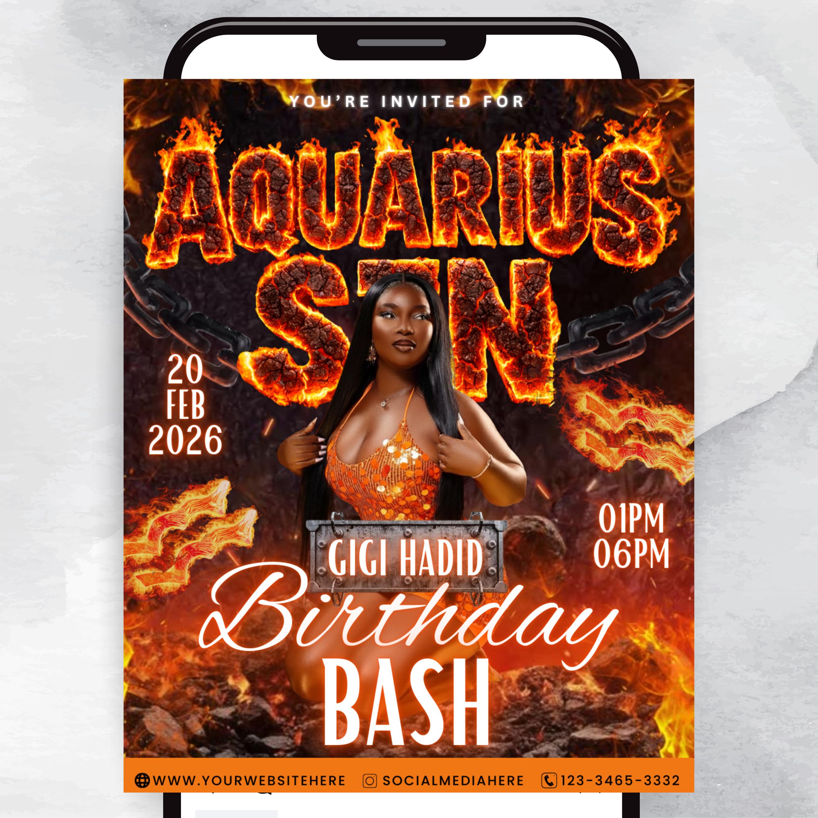 Aquarius Birthday Flyer For Her, Aquarius Fire Theme Birthday Flyer, Aquarius Szn Celebration Flyer, Canva Editable Aquarius Party Flyer