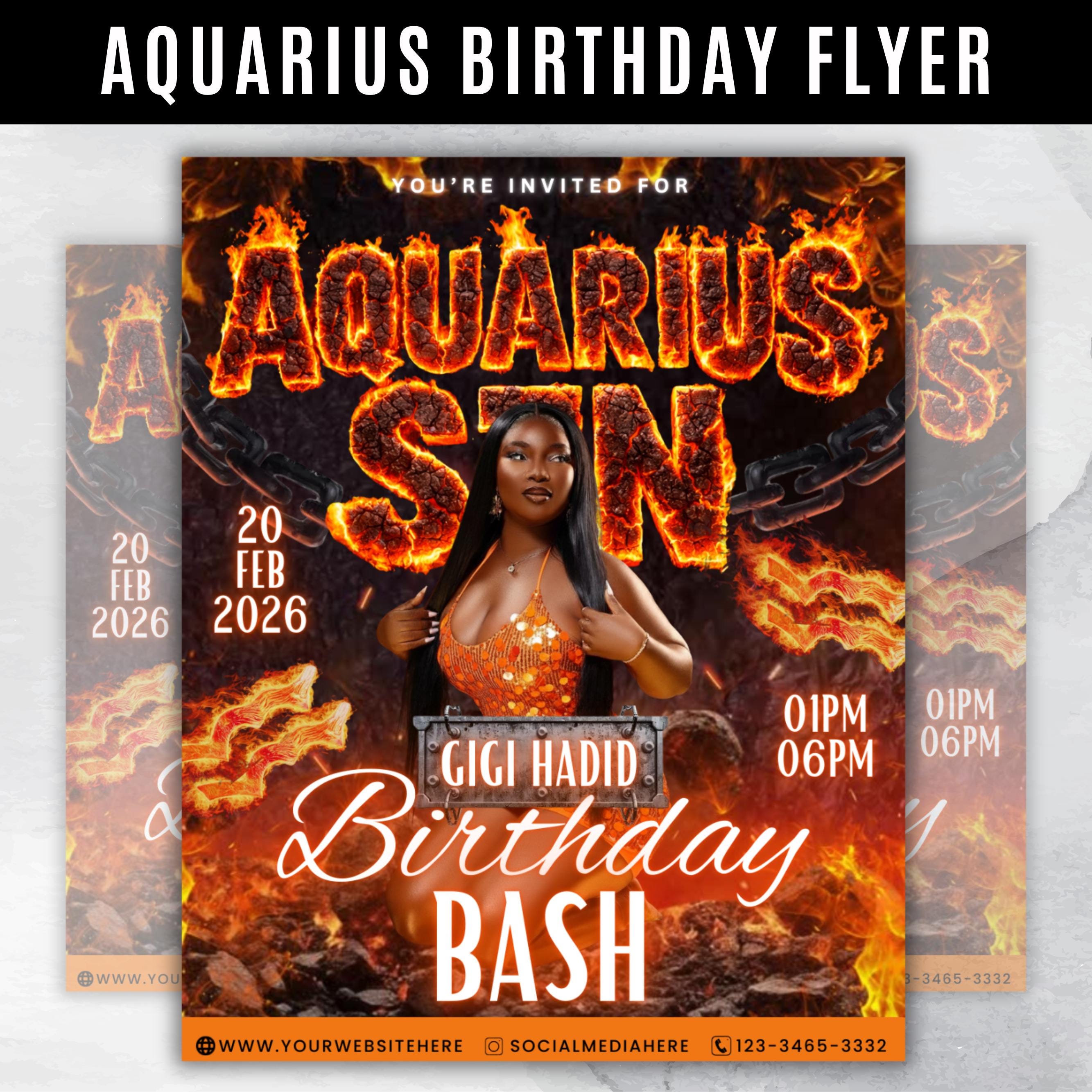 Aquarius Birthday Flyer For Her, Aquarius Fire Theme Birthday Flyer, Aquarius Szn Celebration Flyer, Canva Editable Aquarius Party Flyer