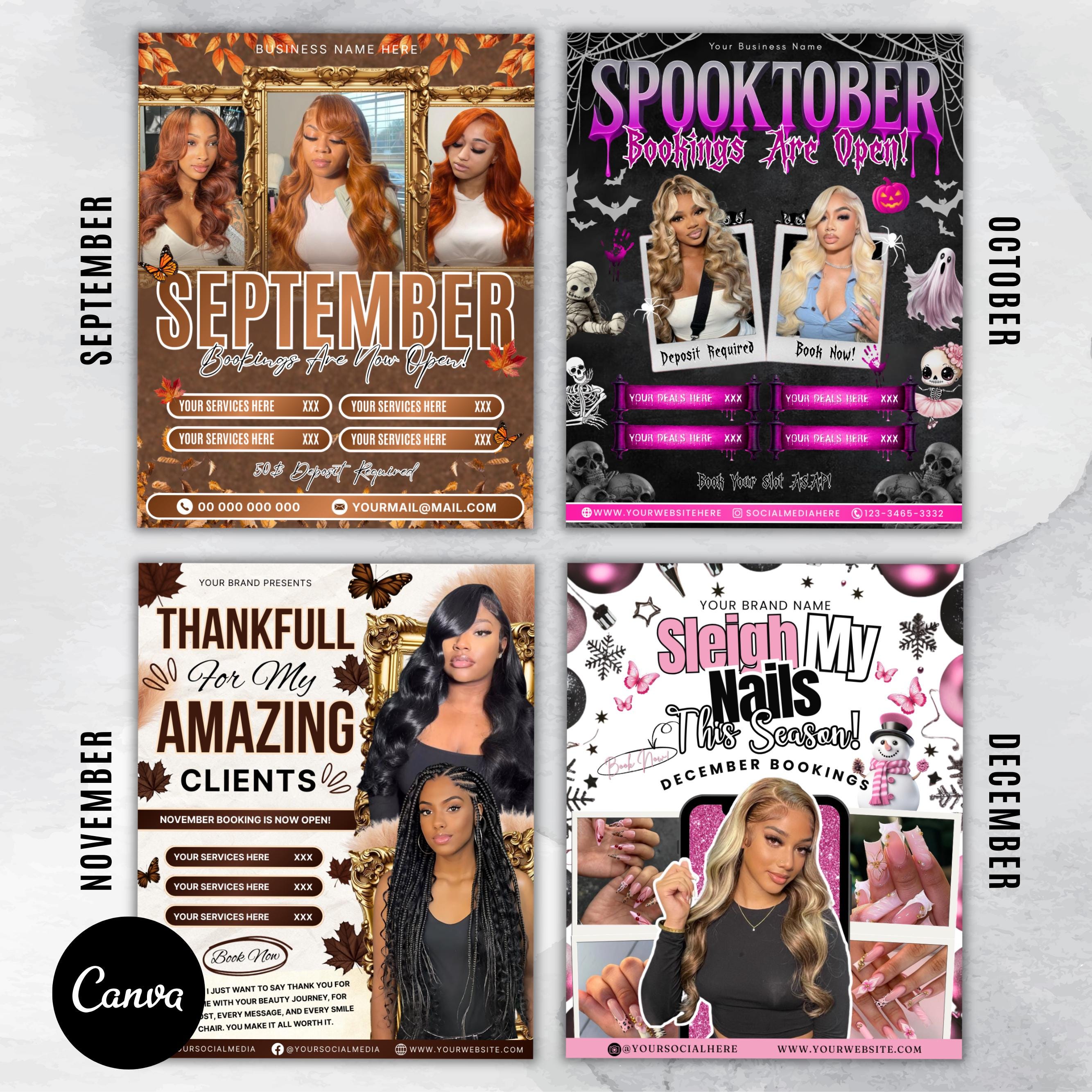 12 Monthly Flyer Bundle, Yearly Booking Flyers, 12 Months Booking Flyers, Yearly Hair Lashes Nails MUA Flyer Bundle, Canva Template