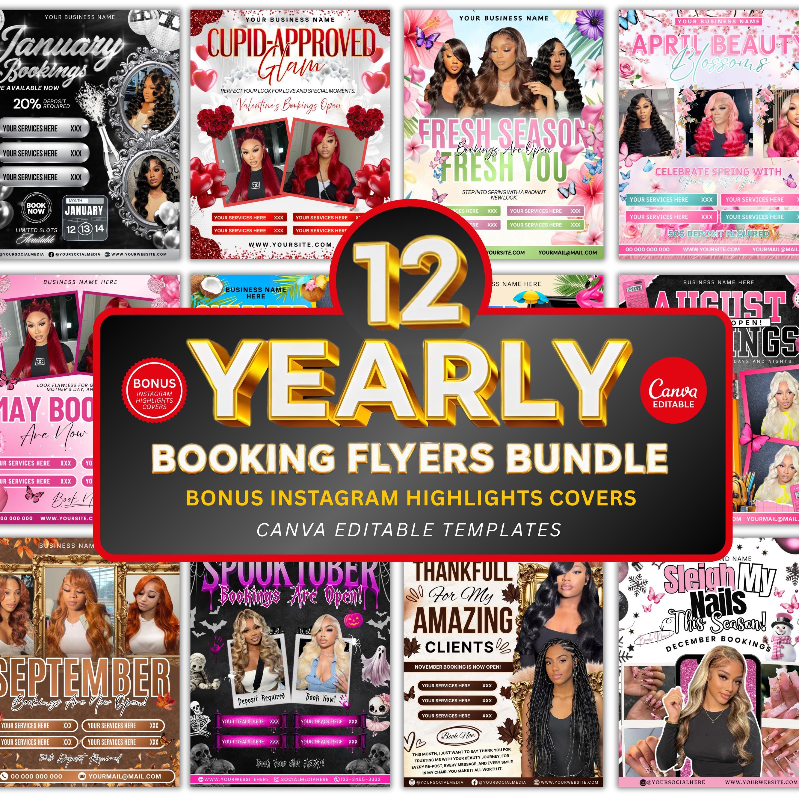 12 Monthly Flyer Bundle, Yearly Booking Flyers, 12 Months Booking Flyers, Yearly Hair Lashes Nails MUA Flyer Bundle, Canva Template