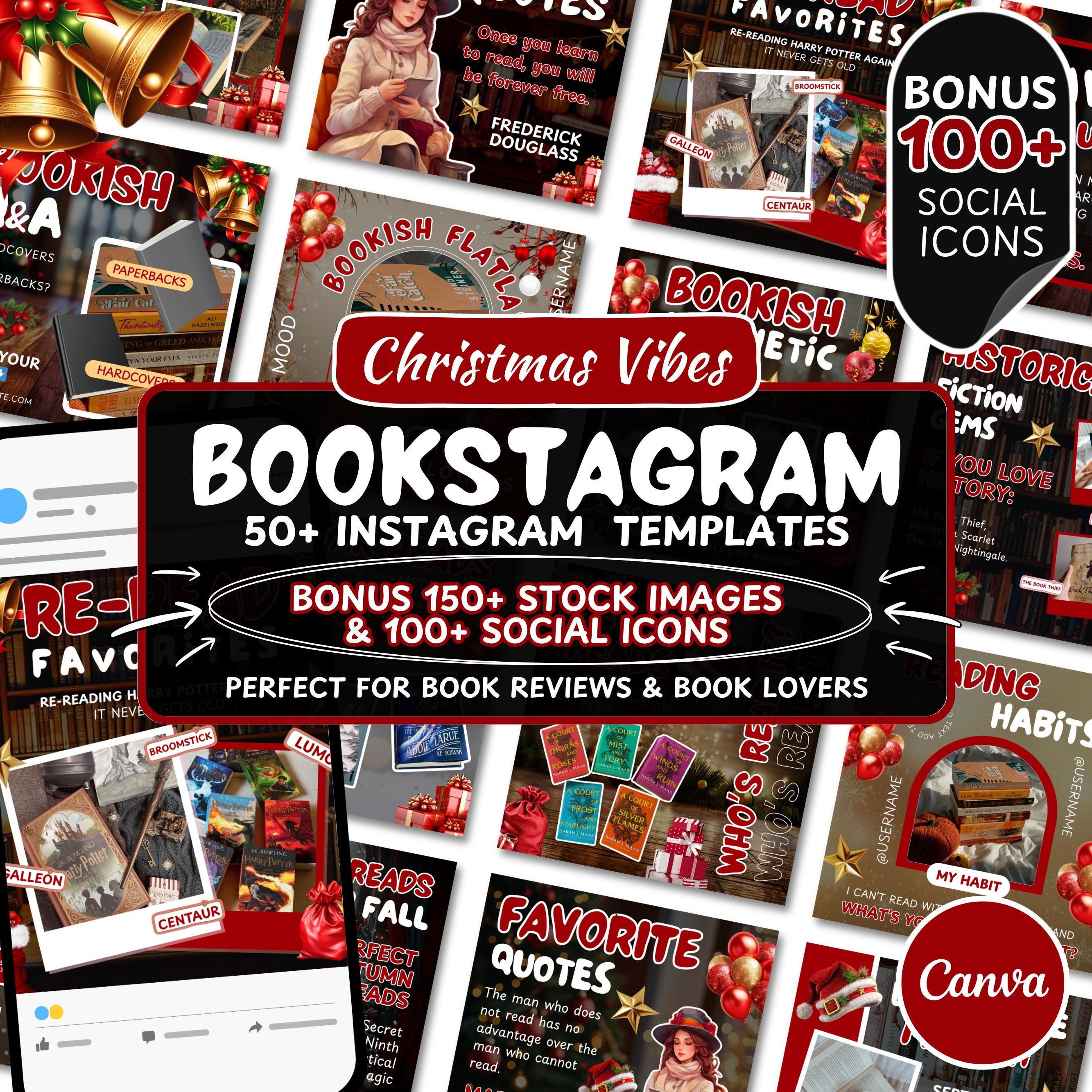 Christmas Bookstagram Carousel Template, Booktok Instagram Posts,Cozy Aesthetic Post for Book Lovers,Authors & Bloggers Social Media Content