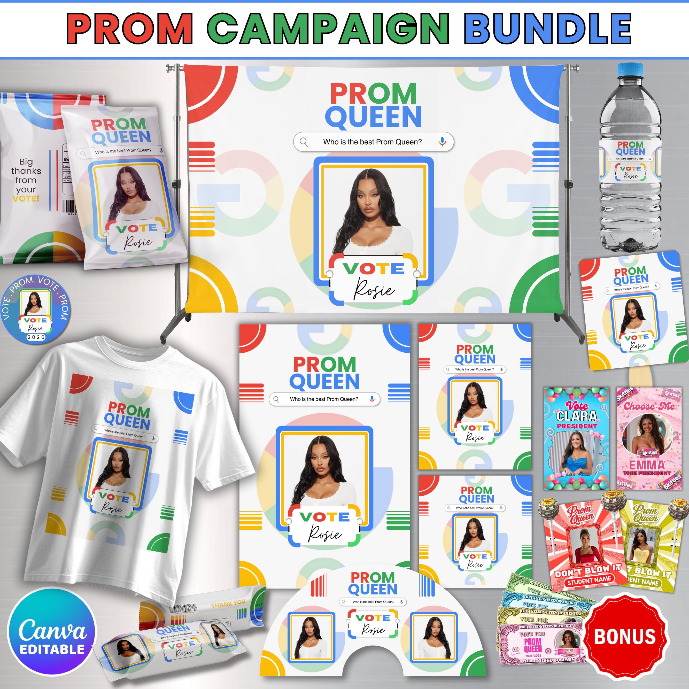 Vote Prom Queen Campagin Bundle, Google Theme Prom Party Favor, Prom Chip Bag, Candy Card Lollipop Tag, Prom Campaign Idea