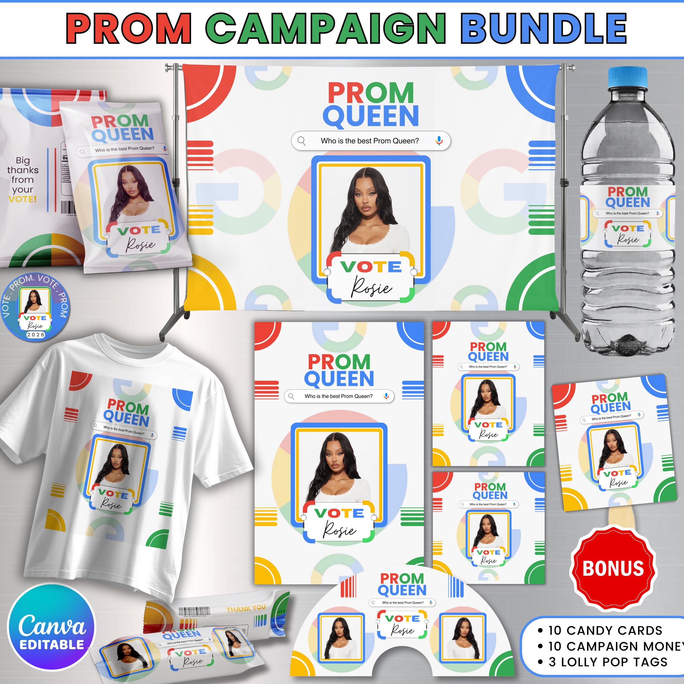 Vote Prom Queen Campagin Bundle, Google Theme Prom Party Favor, Prom Chip Bag, Candy Card Lollipop Tag, Prom Campaign Idea