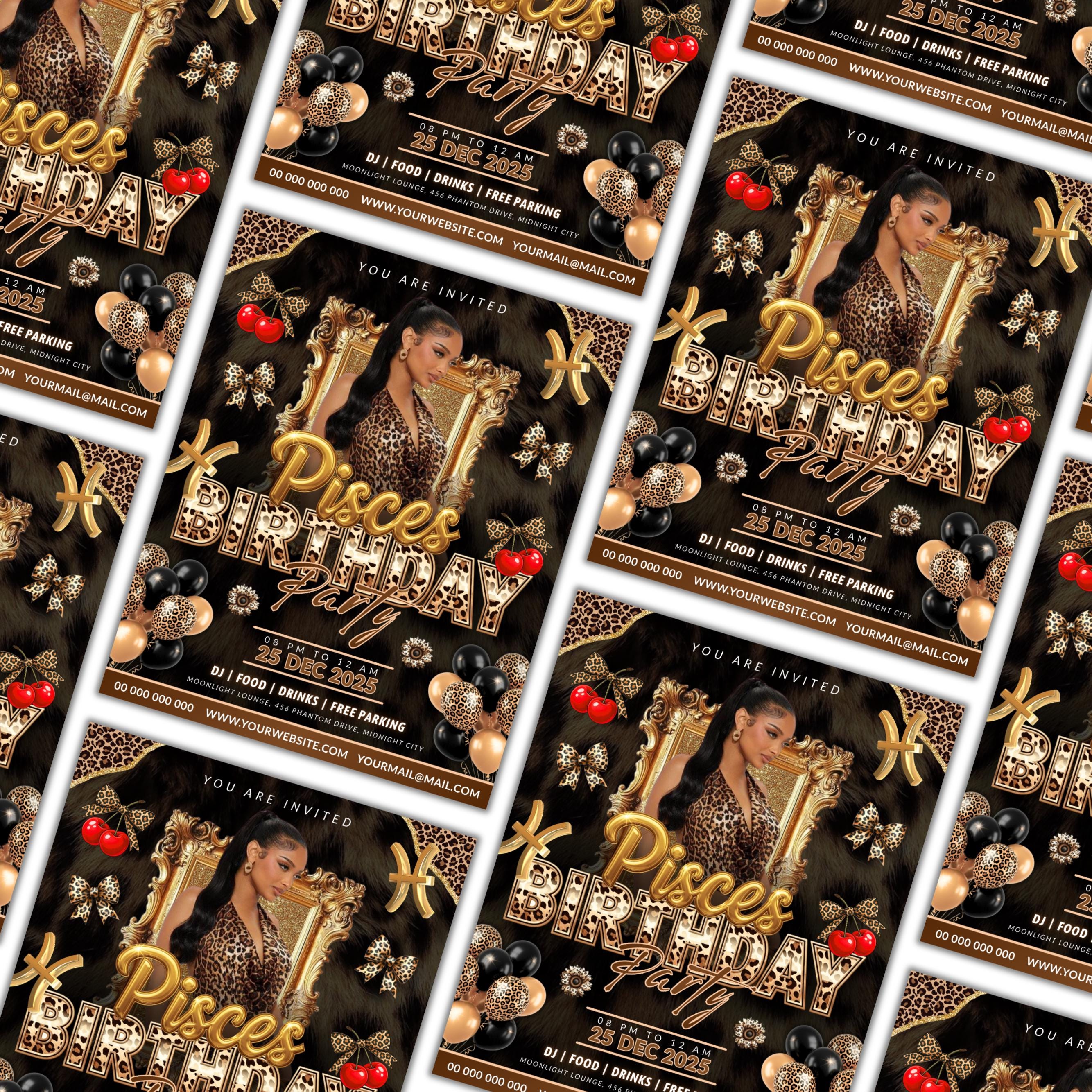 Cheetah Print Pisces Birthday Flyer For Her, Pisces Nightclub Birthday Flyer,Pisces Szn Celebration Flyer, Canva Editable Pisces Party Flyer
