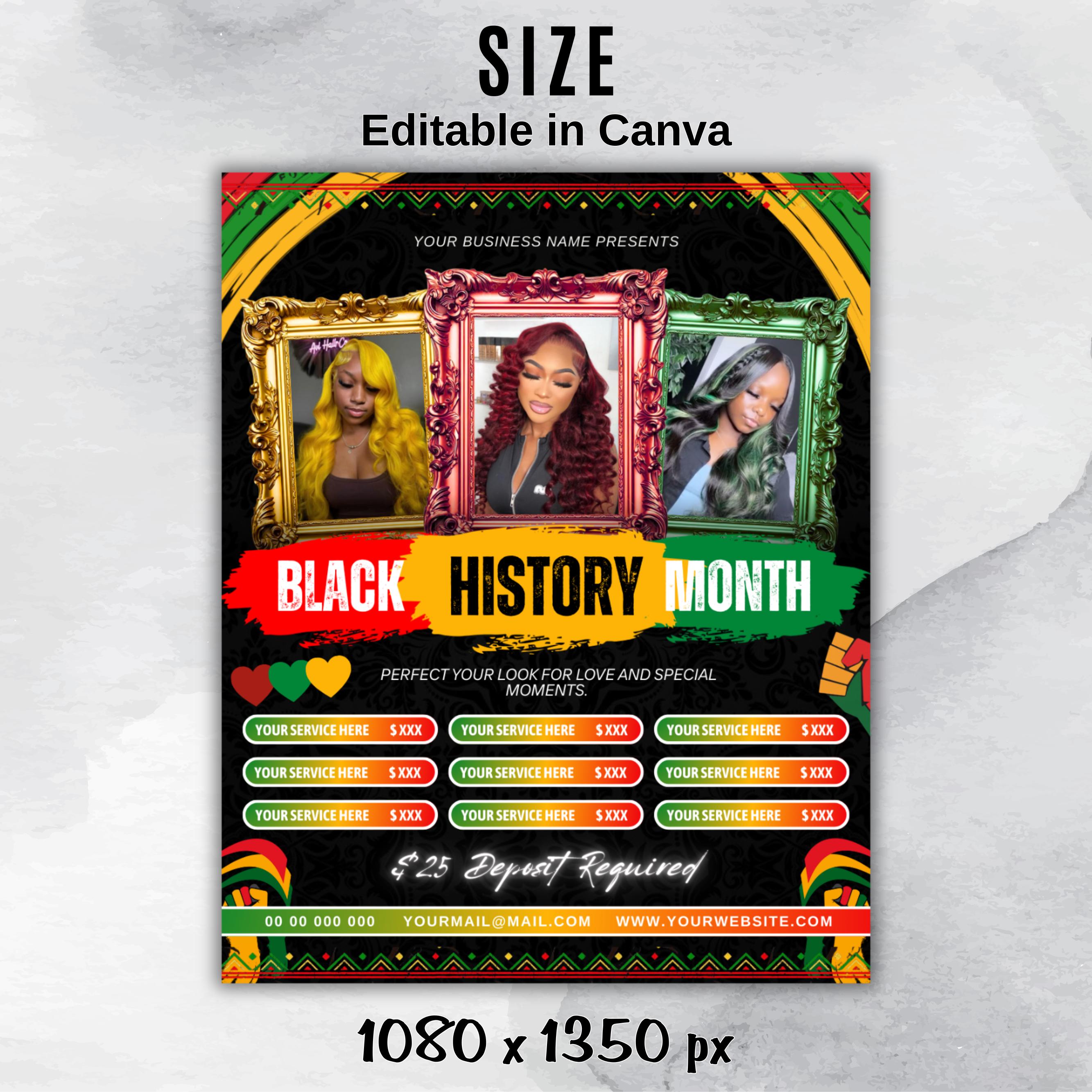 February Booking Flyer, Black History Month Flyer, Black History Hair Lashes Nails MUA Flyer, Canva Template