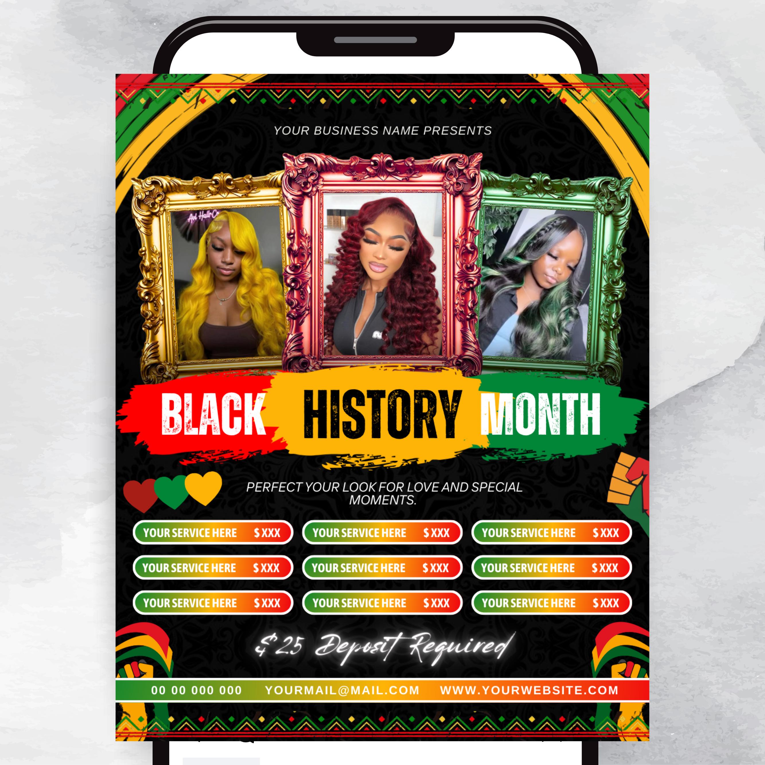 February Booking Flyer, Black History Month Flyer, Black History Hair Lashes Nails MUA Flyer, Canva Template