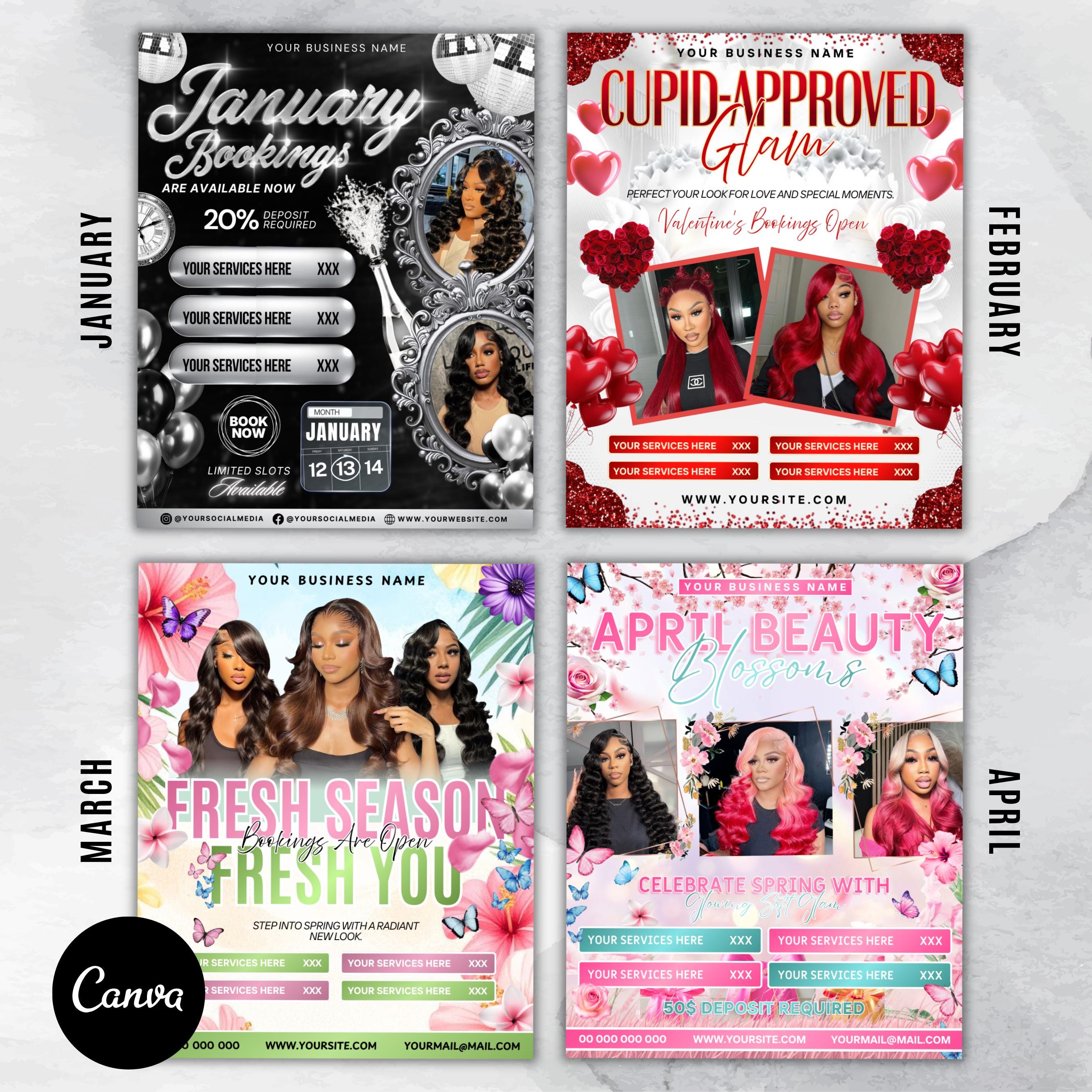 12 Monthly Flyer Bundle, Yearly Booking Flyers, 12 Months Booking Flyers, Yearly Hair Lashes Nails MUA Flyer Bundle, Canva Template