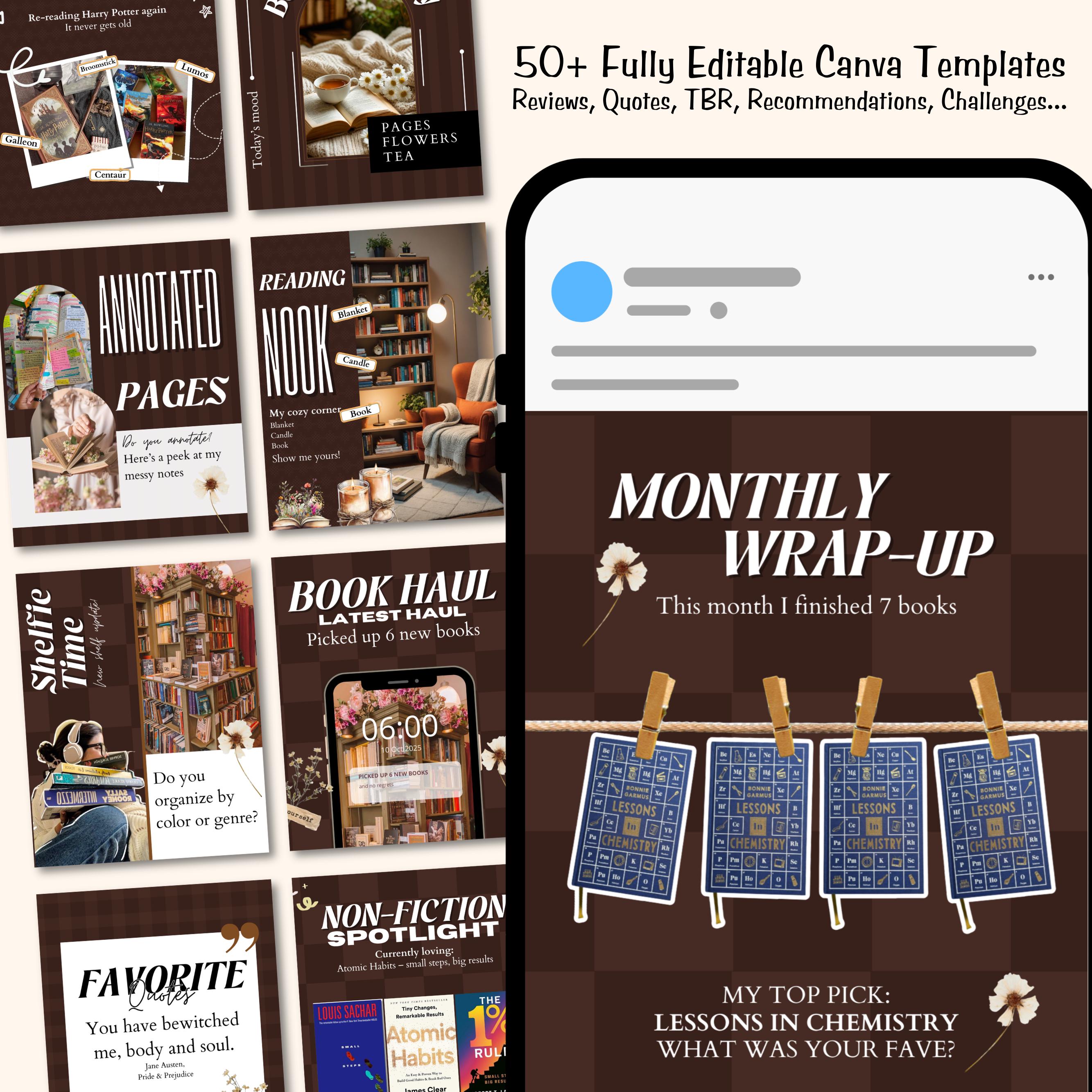 Aesthetic Bookstagram Carousel Template & Booktok Instagram Posts, Cozy Brownish Post for Book Lovers, Authors,Bloggers Social Media Content