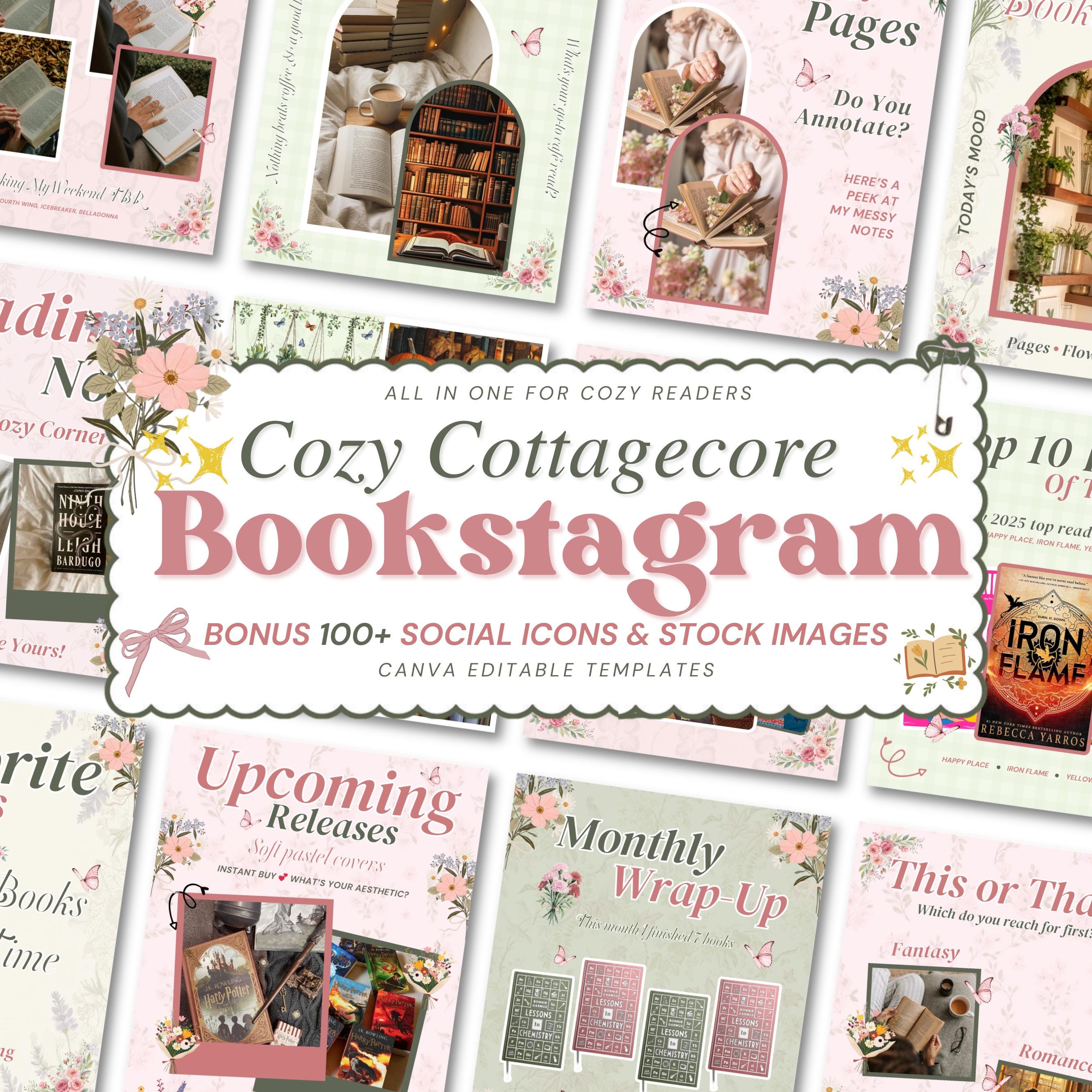 Cottagecore Bookstagram Carousel Template & Booktok Instagram Post,Cozy Aesthetic Post for Book Lovers,Authors Bloggers Social Media Content
