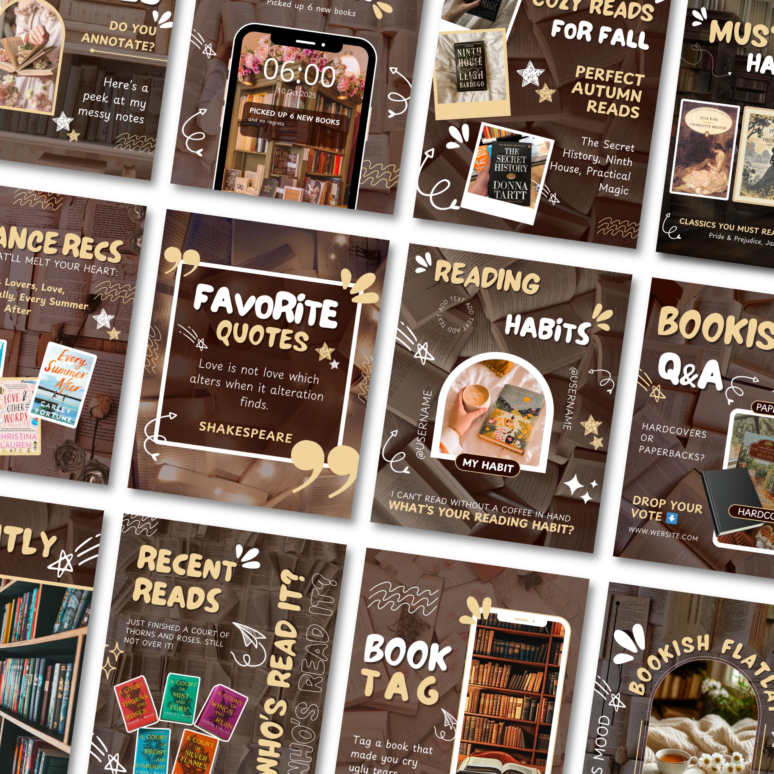 Brown Bookstagram Carousel Template & Booktok Instagram Posts, Cozy Aesthetic Canva for Book Lovers, Authors, Bloggers Social Media Content