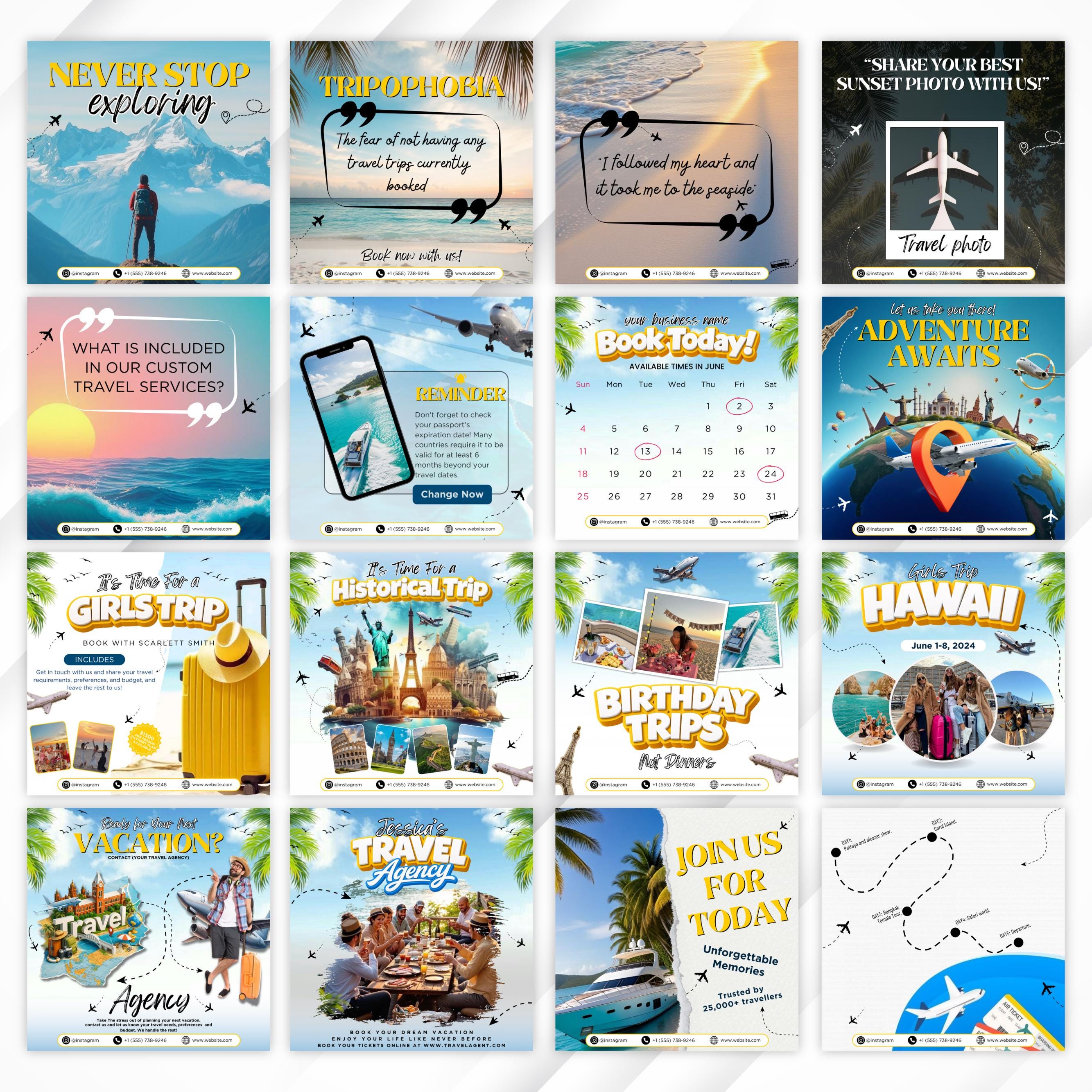 Travel Agent Instagram Posts Bundle, 30+ Travel Agent Social Media Templates, Travel Blogging Content, Travel Agency business Posts, Canva