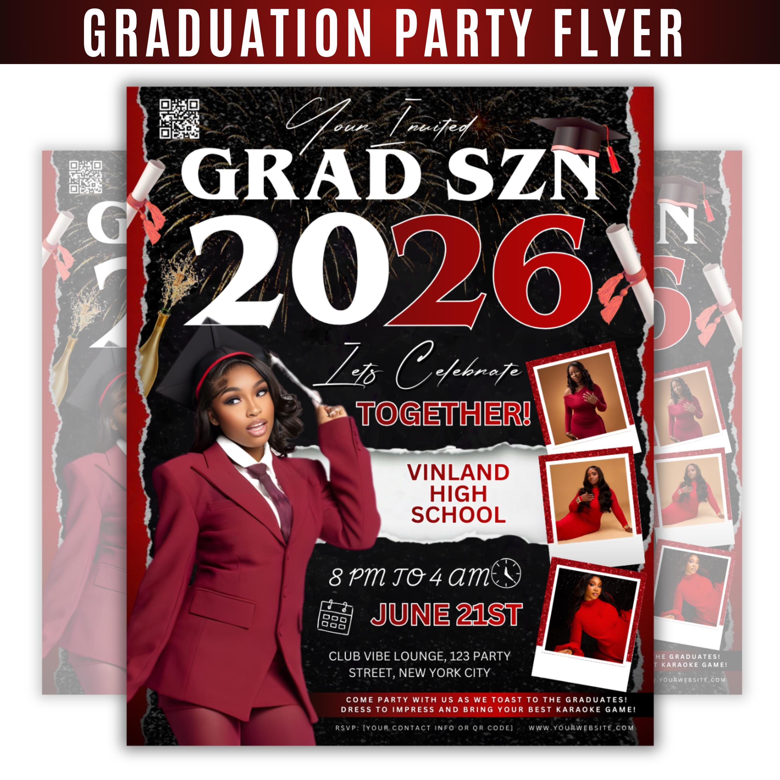 Graduation Party Flyer, Grad Szn Invitation, Class of 2026, Grad Party Invite, Grad Night Club Flyer, Diy Flyer, Grad Celebration Template