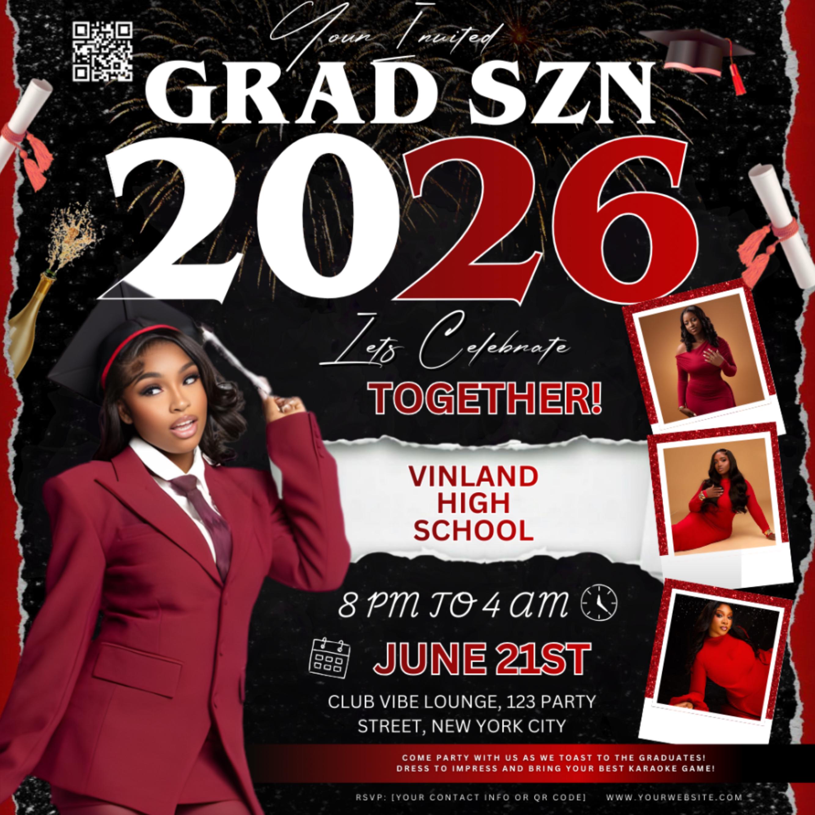Graduation Party Flyer, Grad Szn Invitation, Class of 2026, Grad Party Invite, Grad Night Club Flyer, Diy Flyer, Grad Celebration Template