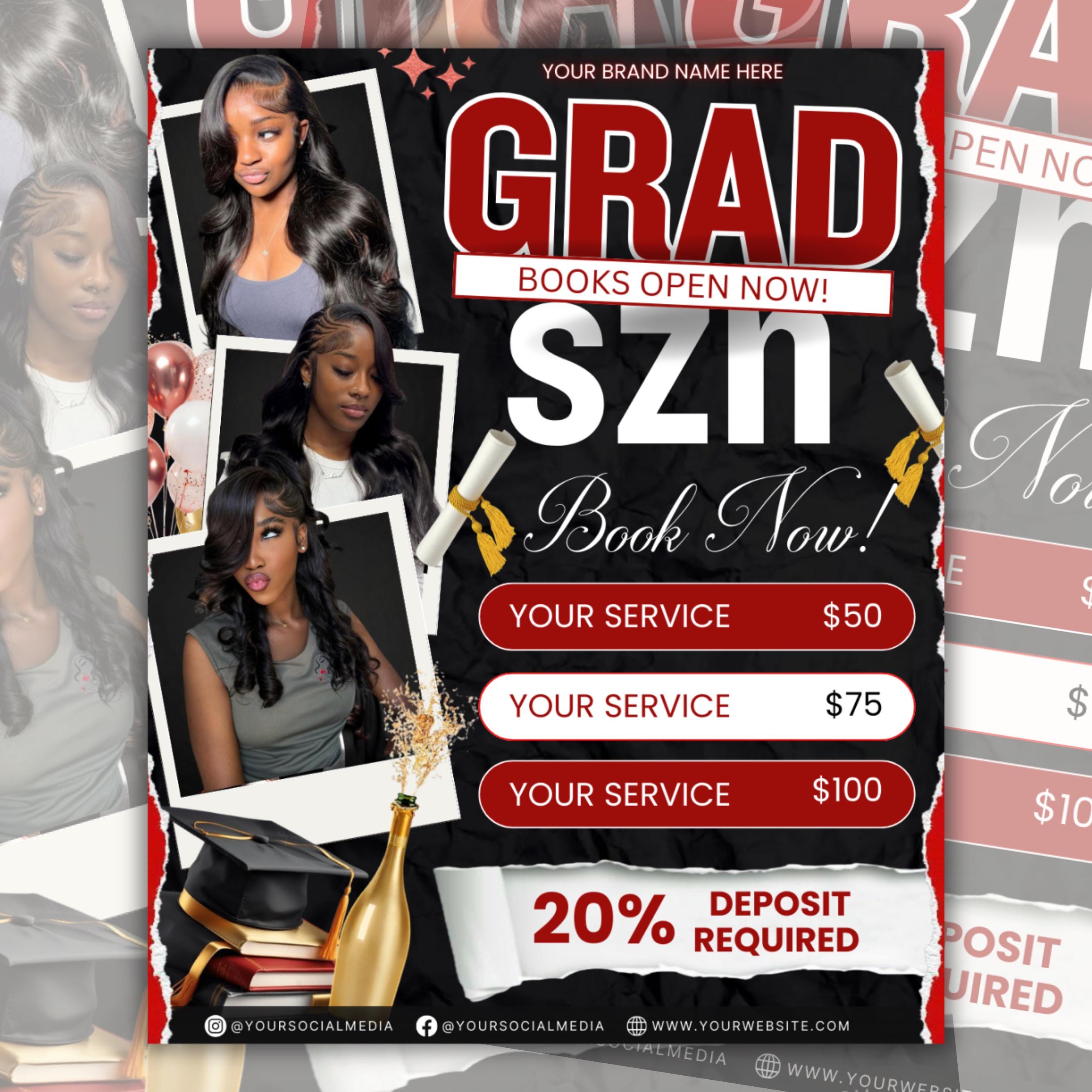 Graduation Booking Flyer, Grad Szn 2026 Special Flyer, Graduation Deals, Grad Books Open, Graduation Nail booking flyer, Hair,LashTech Flyer