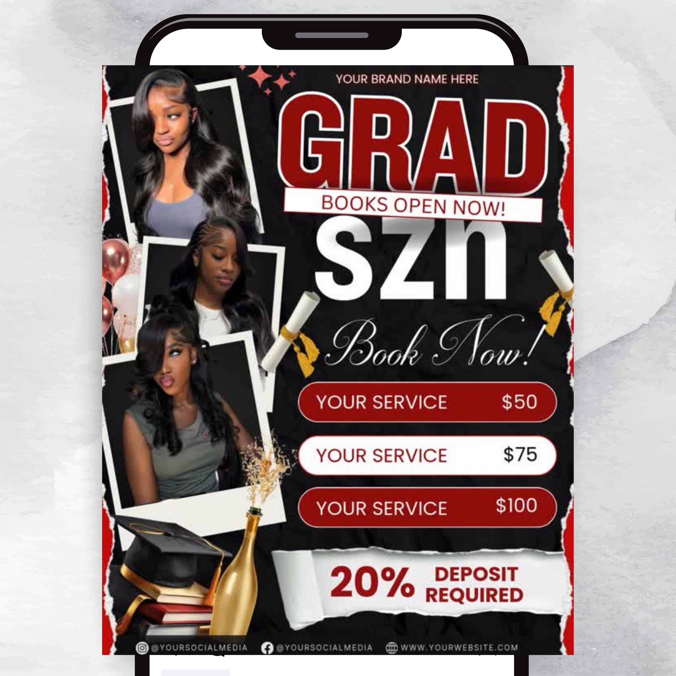 Graduation Booking Flyer, Grad Szn 2026 Special Flyer, Graduation Deals, Grad Books Open, Graduation Nail booking flyer, Hair,LashTech Flyer