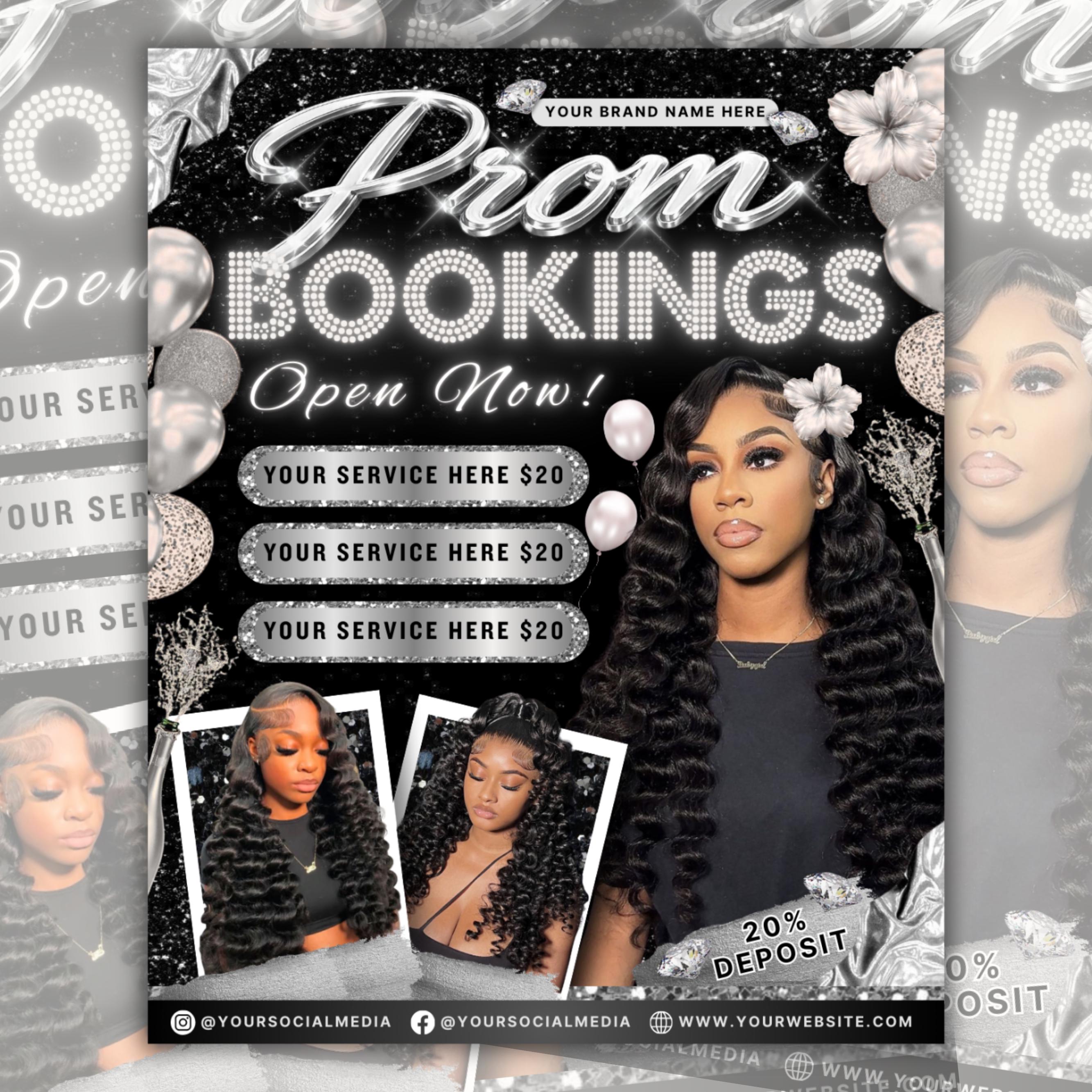 Prom Bookings Flyer, Prom Hair Flyer, Prom Queen MUA Flyer, Prom Sales Flyer, Prom Hairstylist Nails Lashes Makeup BraidsFlyer,MUAFlyerCanva