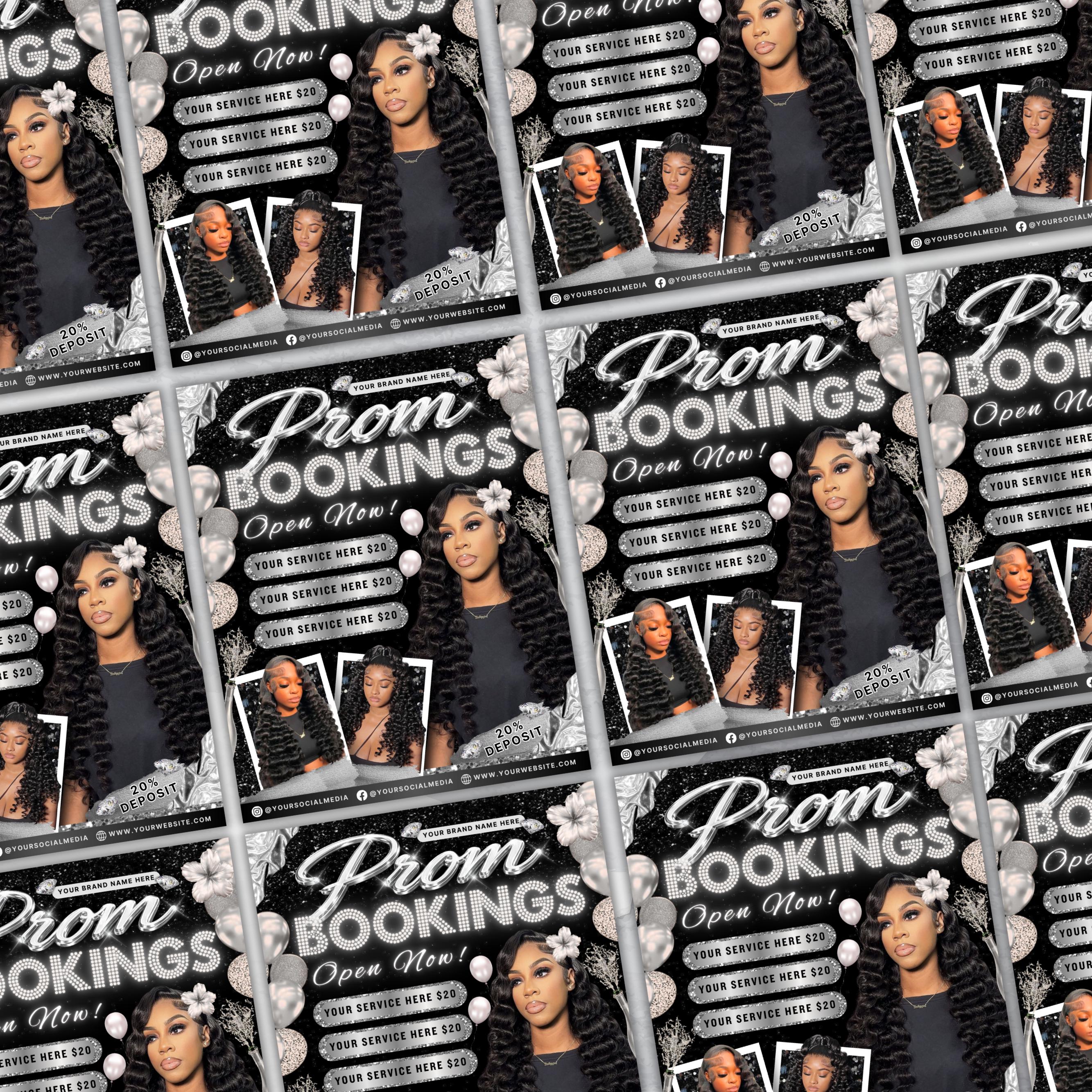 Prom Bookings Flyer, Prom Hair Flyer, Prom Queen MUA Flyer, Prom Sales Flyer, Prom Hairstylist Nails Lashes Makeup BraidsFlyer,MUAFlyerCanva
