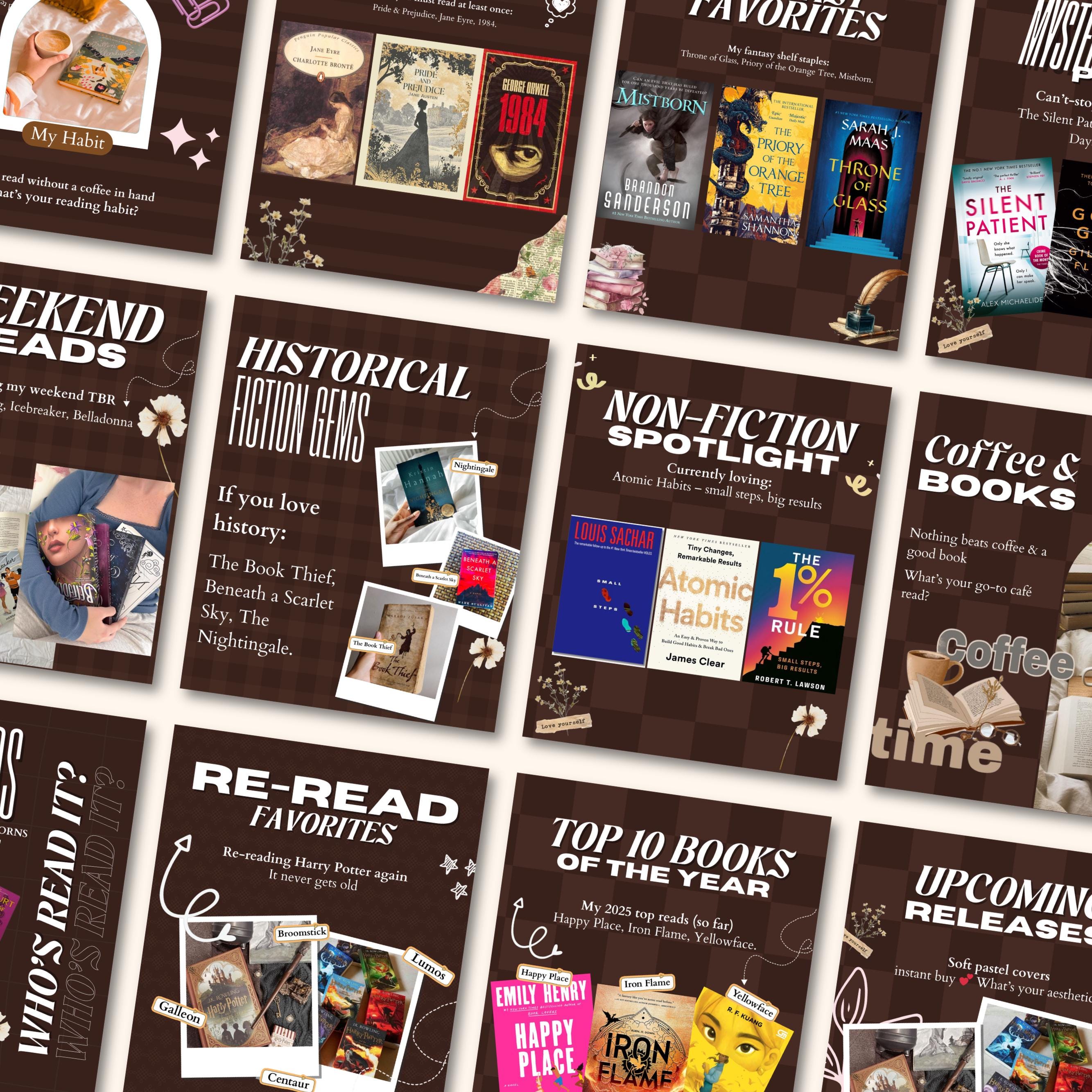 Aesthetic Bookstagram Carousel Template & Booktok Instagram Posts, Cozy Brownish Post for Book Lovers, Authors,Bloggers Social Media Content