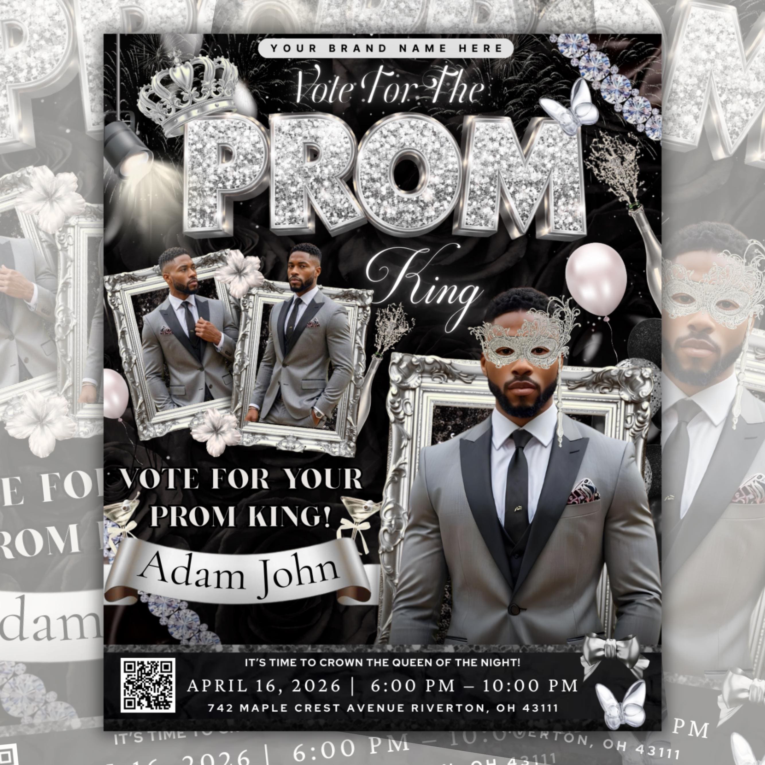 Black and Silver Prom King Flyer, Vote for Prom King Flyer, Prom Send Off Flyer, Prom Invitation Flyer, Prom King Flyer, Canva Template