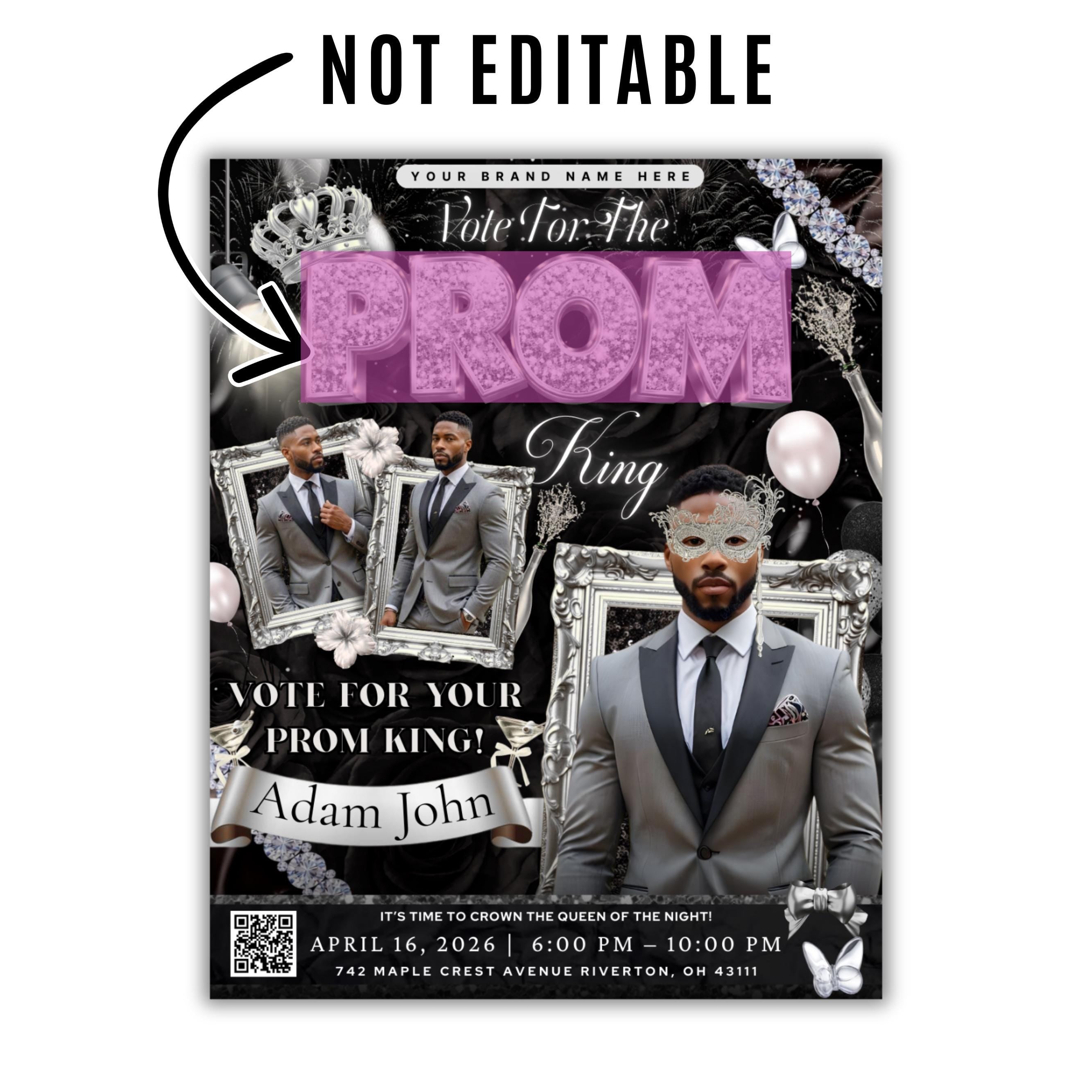 Black and Silver Prom King Flyer, Vote for Prom King Flyer, Prom Send Off Flyer, Prom Invitation Flyer, Prom King Flyer, Canva Template