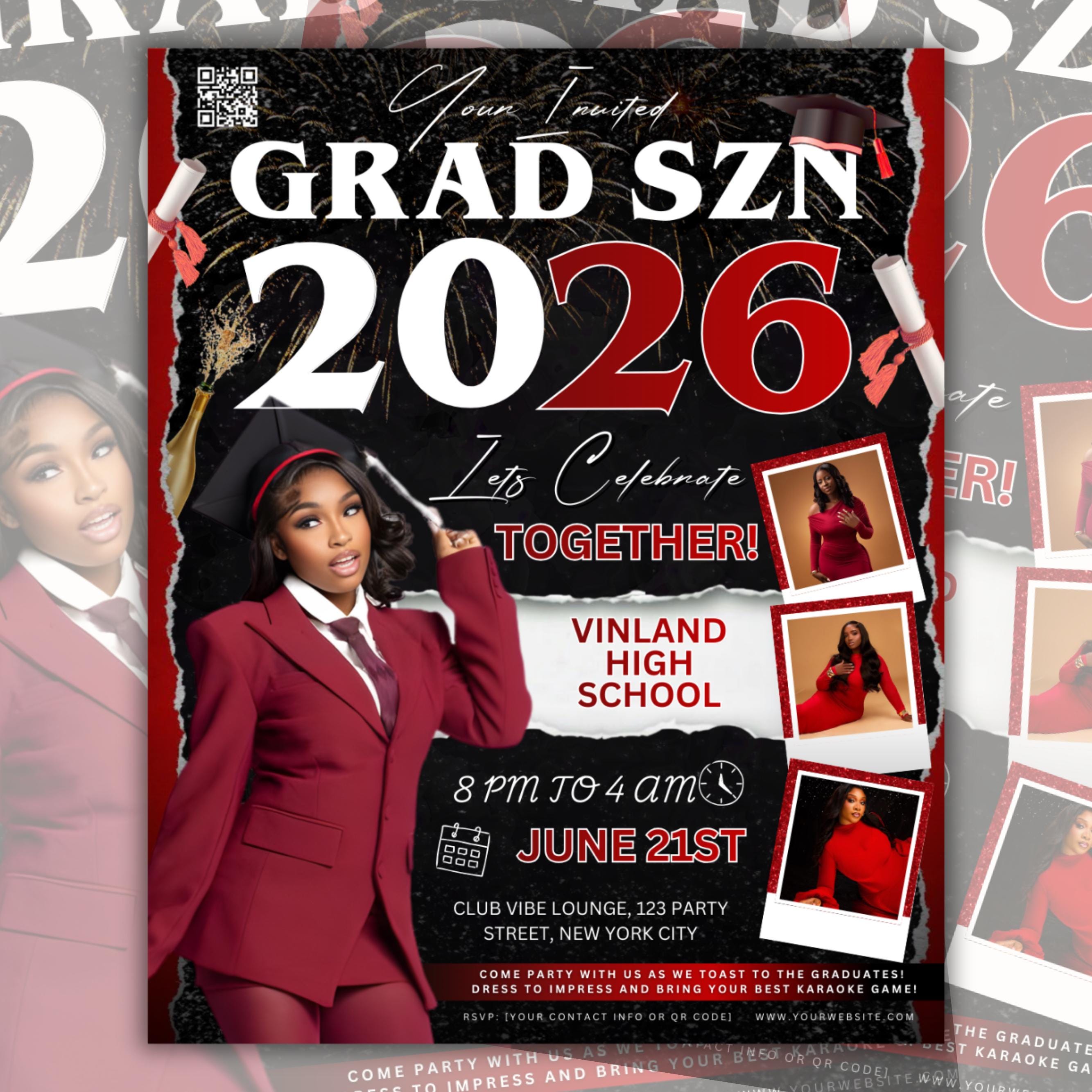 Graduation Party Flyer, Grad Szn Invitation, Class of 2026, Grad Party Invite, Grad Night Club Flyer, Diy Flyer, Grad Celebration Template