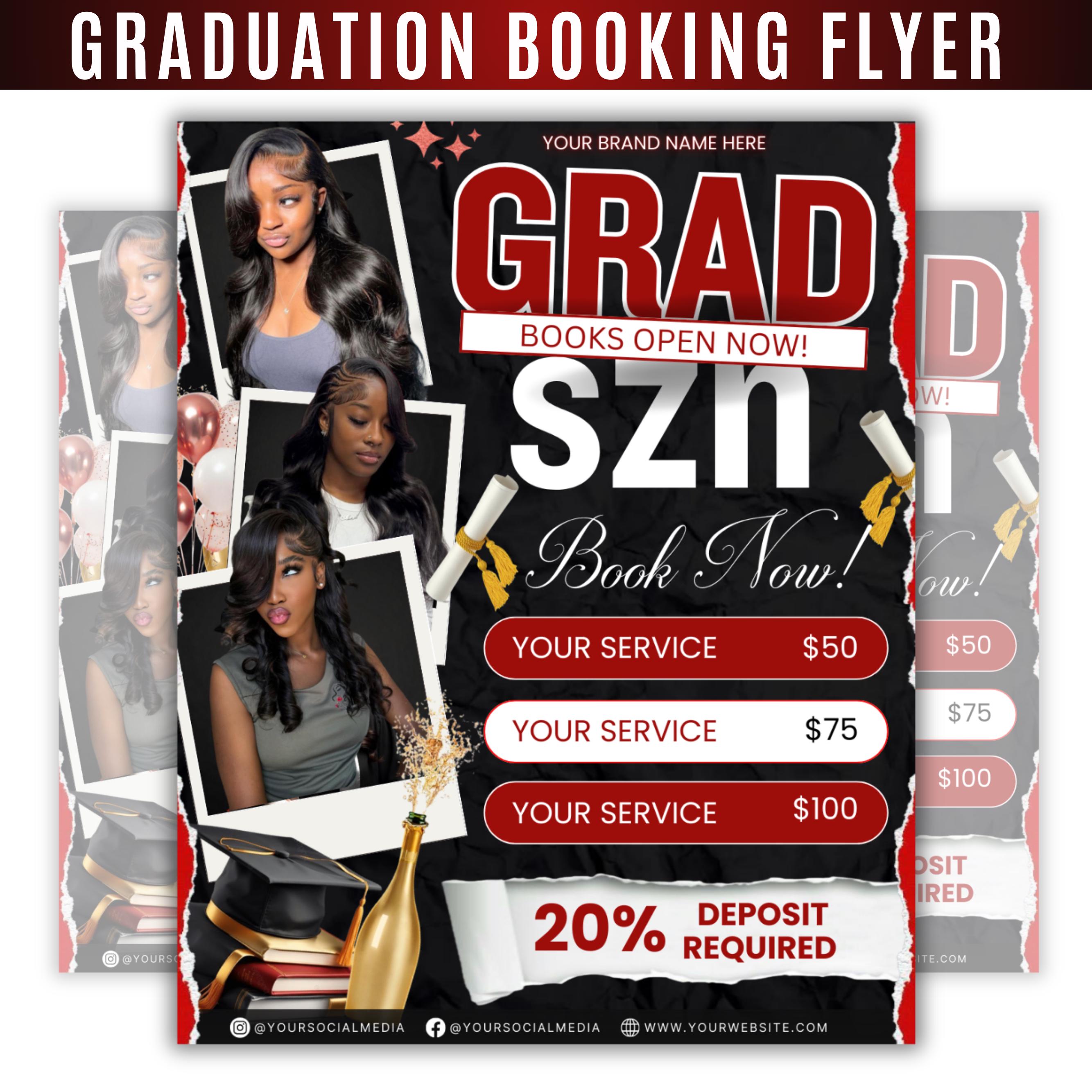Graduation Booking Flyer, Grad Szn 2026 Special Flyer, Graduation Deals, Grad Books Open, Graduation Nail booking flyer, Hair,LashTech Flyer