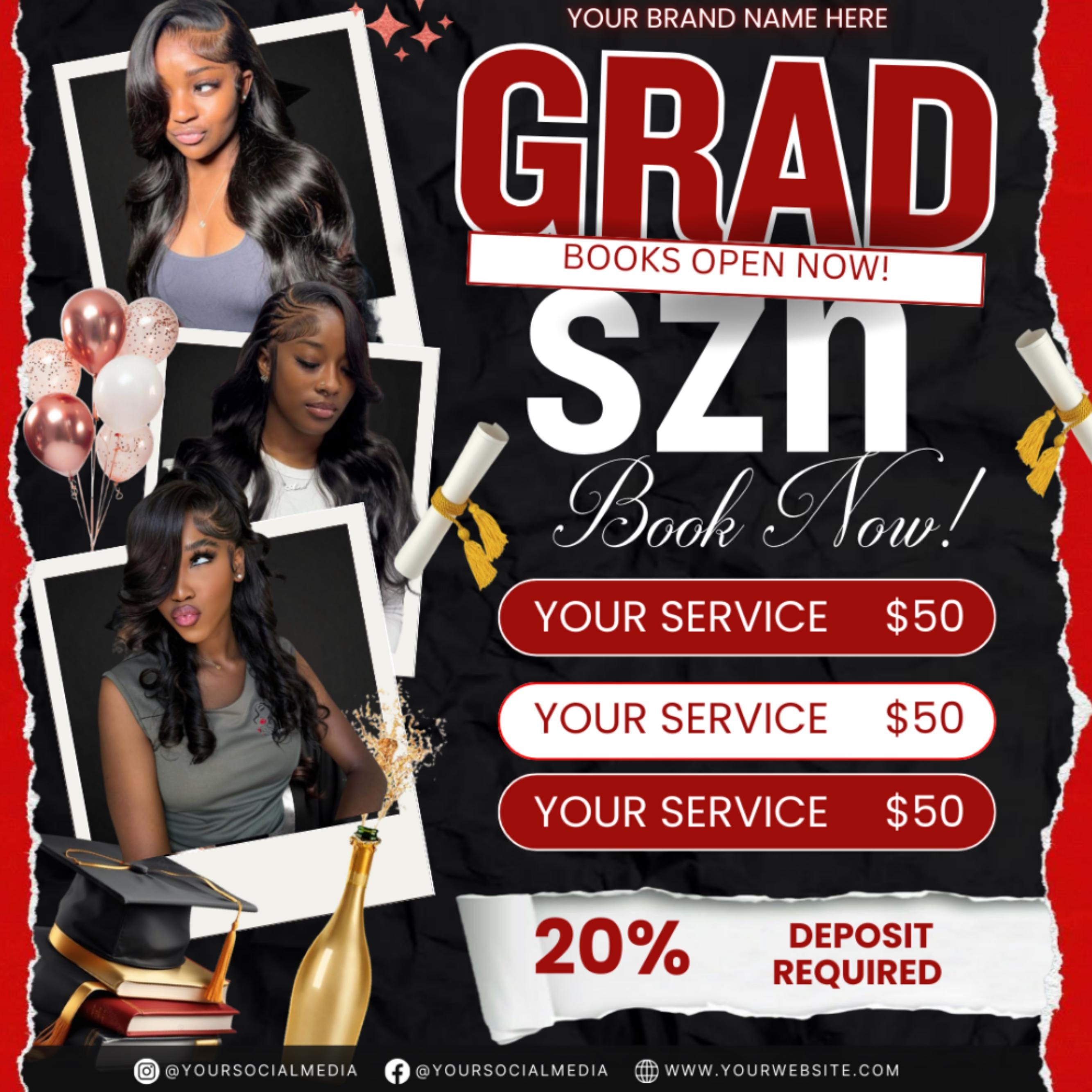 Graduation Booking Flyer, Grad Szn 2026 Special Flyer, Graduation Deals, Grad Books Open, Graduation Nail booking flyer, Hair,LashTech Flyer