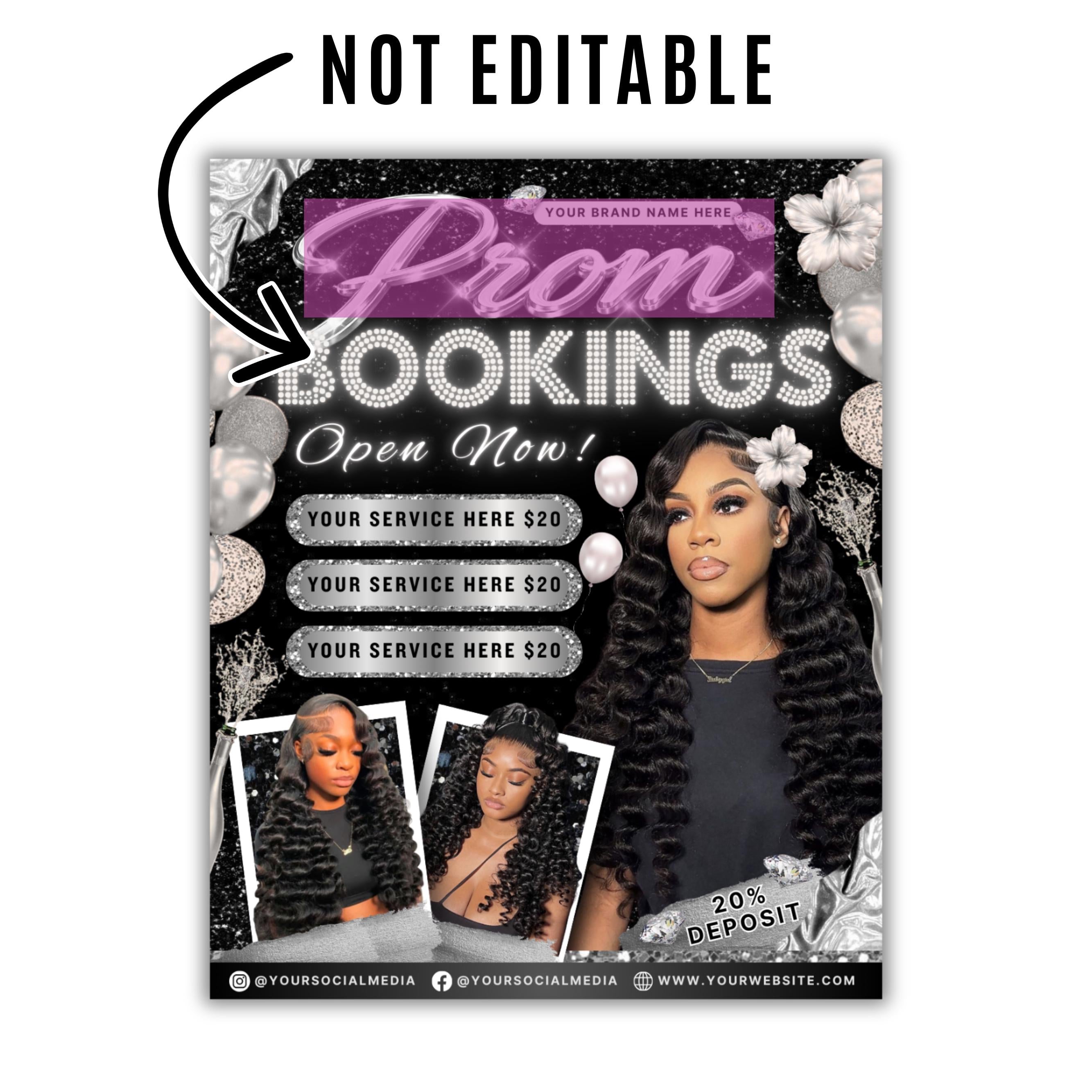 Prom Bookings Flyer, Prom Hair Flyer, Prom Queen MUA Flyer, Prom Sales Flyer, Prom Hairstylist Nails Lashes Makeup BraidsFlyer,MUAFlyerCanva