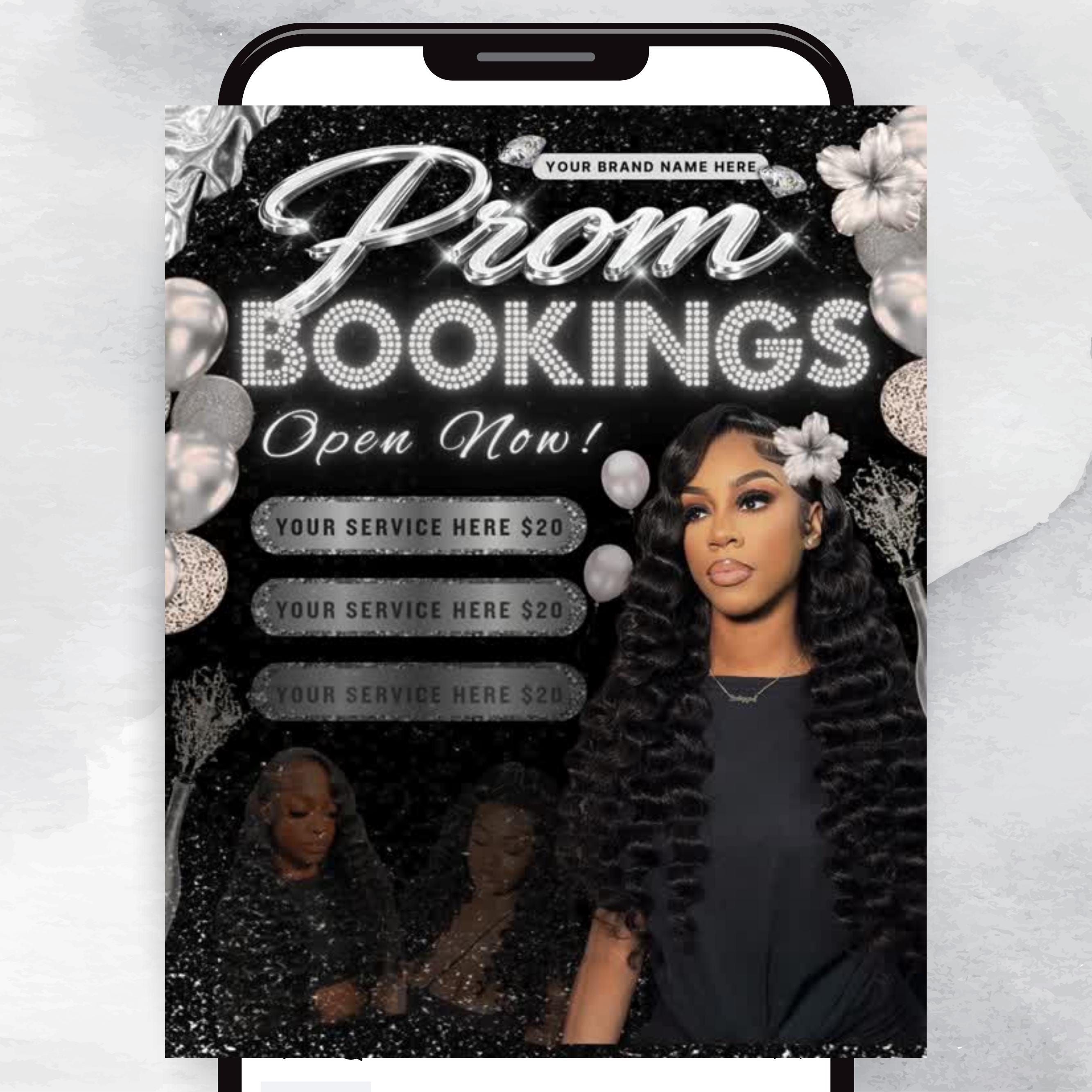 Prom Bookings Flyer, Prom Hair Flyer, Prom Queen MUA Flyer, Prom Sales Flyer, Prom Hairstylist Nails Lashes Makeup BraidsFlyer,MUAFlyerCanva