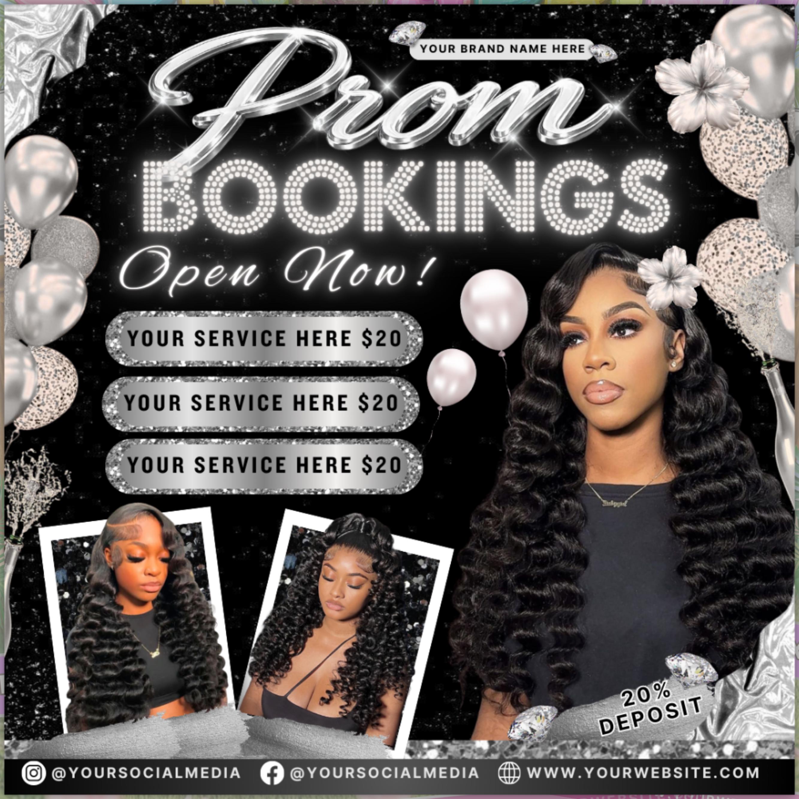 Prom Bookings Flyer, Prom Hair Flyer, Prom Queen MUA Flyer, Prom Sales Flyer, Prom Hairstylist Nails Lashes Makeup BraidsFlyer,MUAFlyerCanva