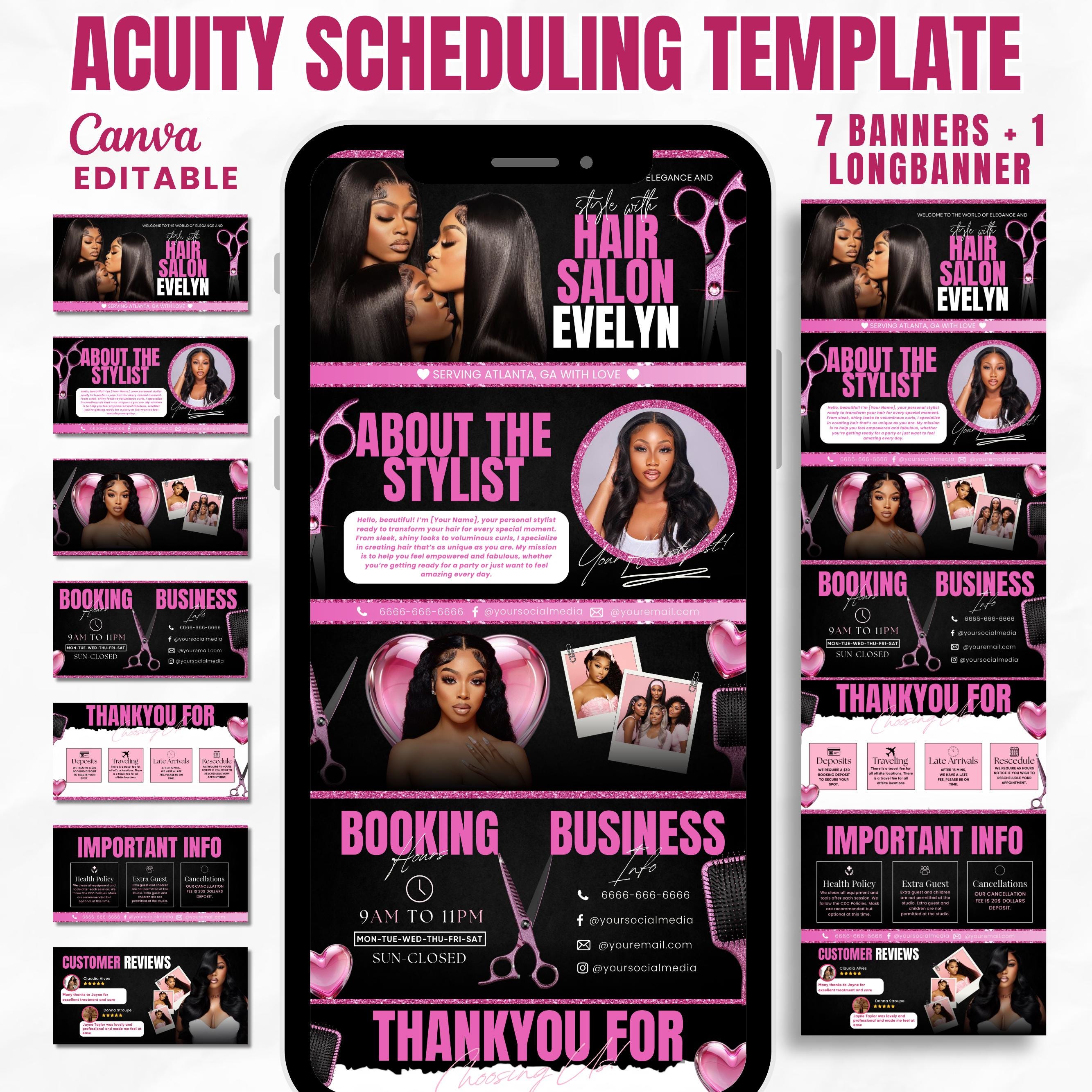 Black and Pink Acuity Scheduling Template for Hair Stylists, Lash Techs and MUAs, Hairstylist Scheduling Website, DIY Booking Site Canva