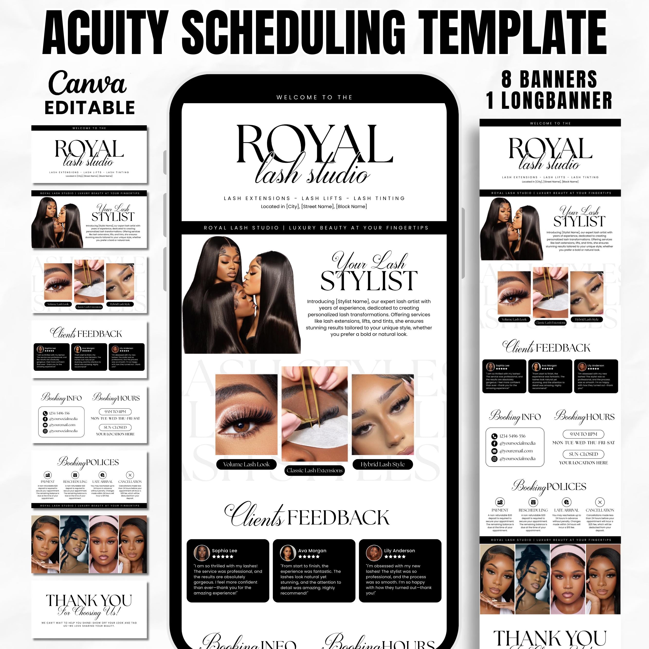 Minimalist Black and White Acuity Scheduling Template for Hair Stylists,Lash Techs & MUAs,Hairstylist Scheduling Website, Booking Site Canva