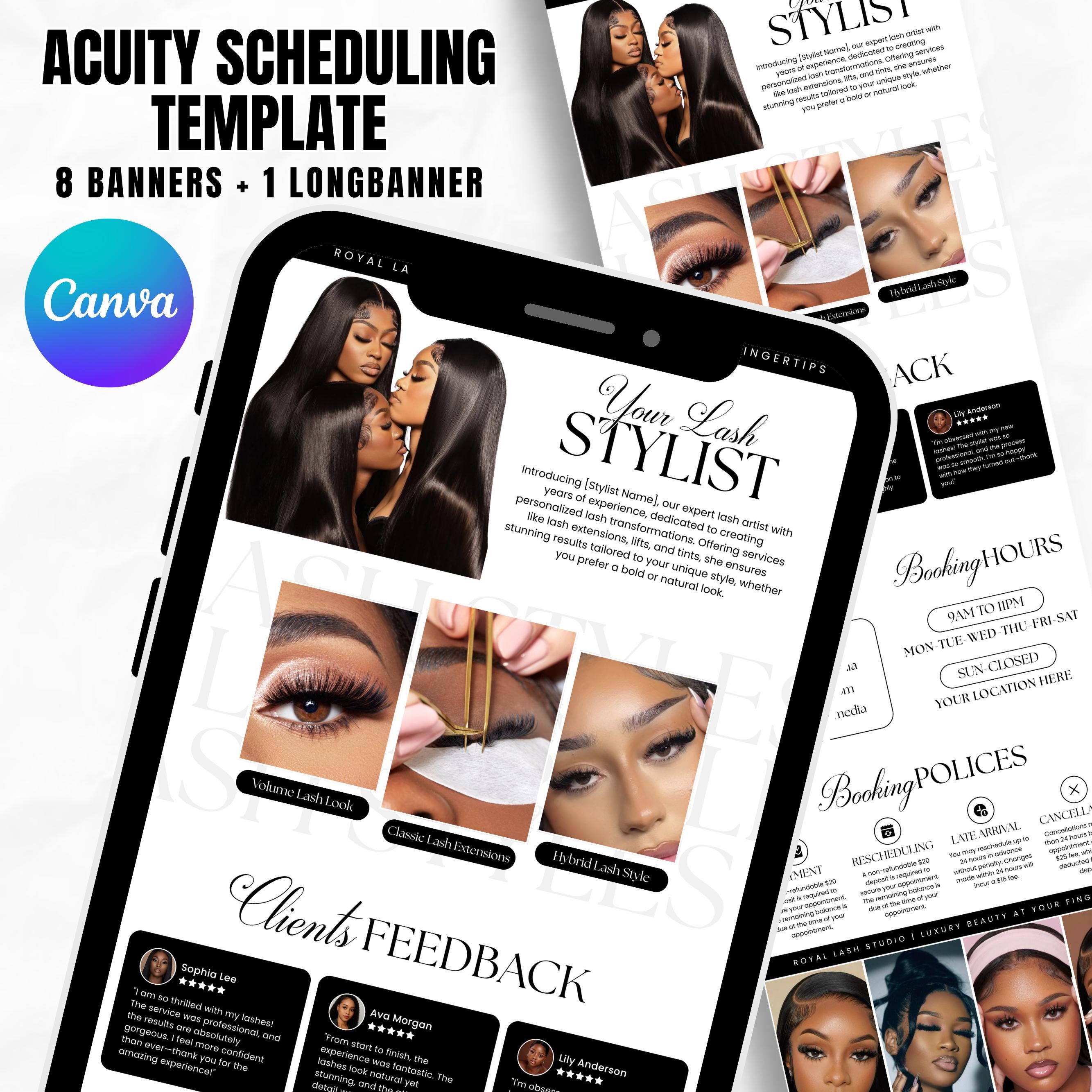 Minimalist Black and White Acuity Scheduling Template for Hair Stylists,Lash Techs & MUAs,Hairstylist Scheduling Website, Booking Site Canva