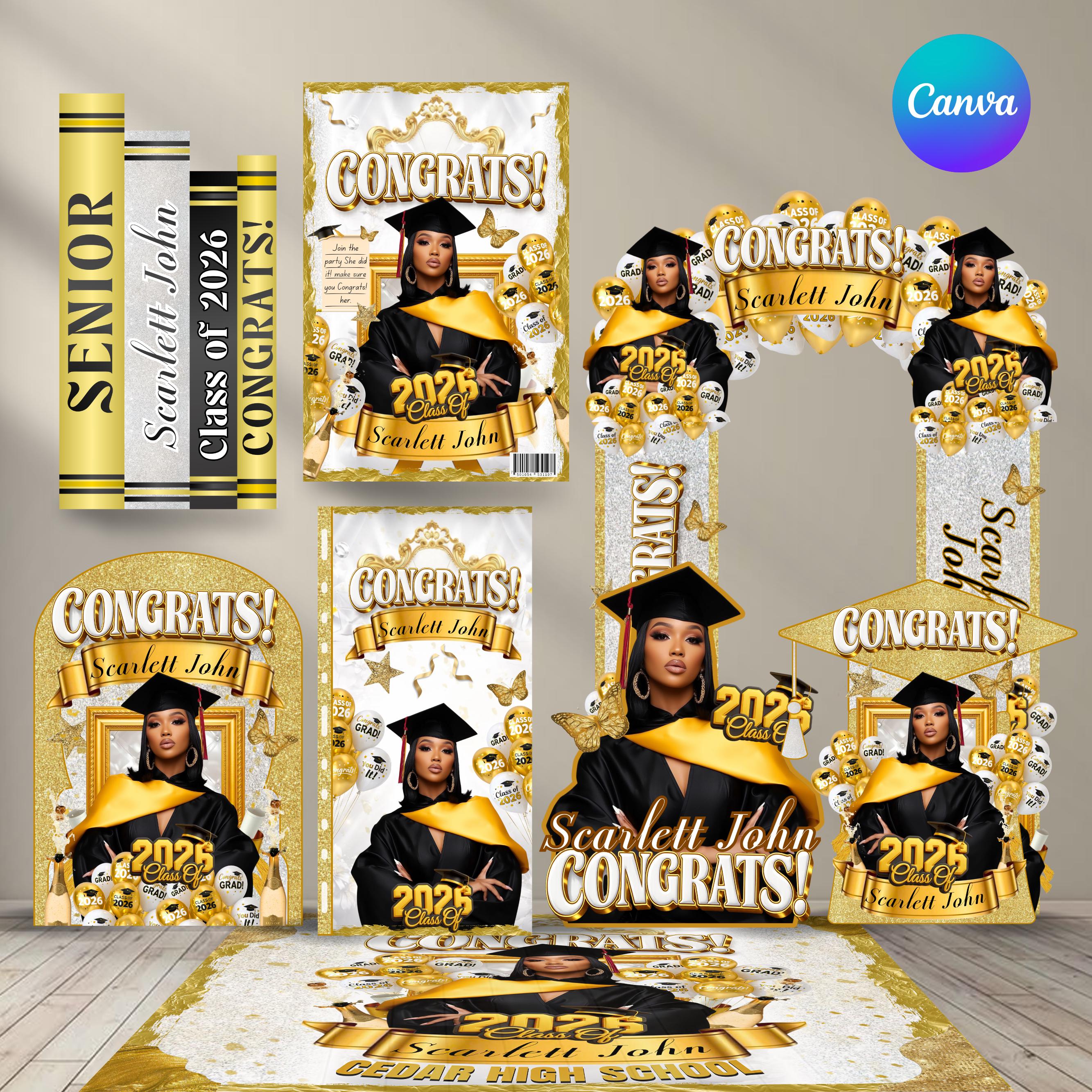 Custom Graduation Decor Bundle, Grad Entrance Arch, Congrats Grad Banner, Grad Name Cutout, Hat Arch Wall,Class of 2025 Floor Wrap Decor Set