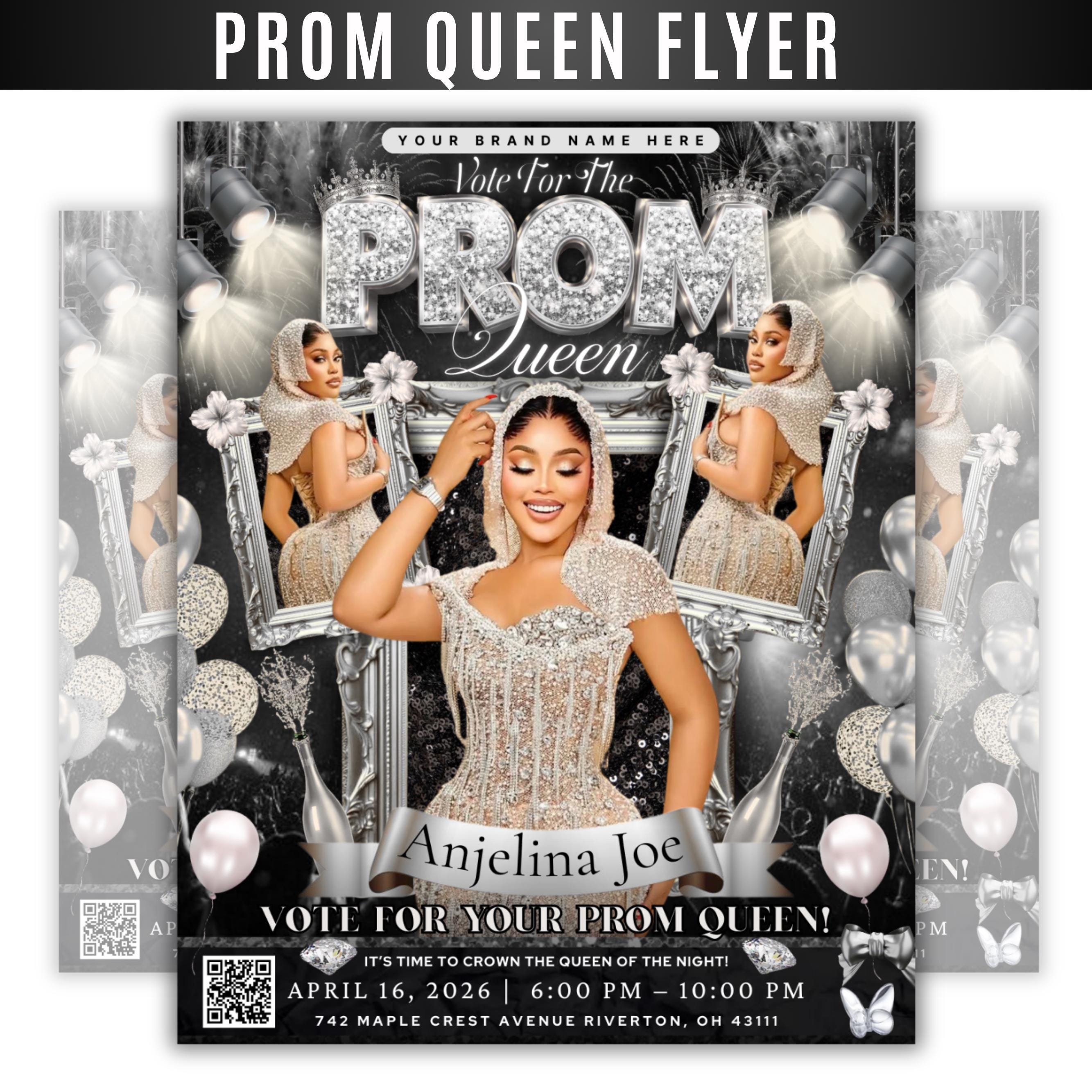 Black and Silver Prom Queen Flyer, Vote for Prom Queen Flyer, Prom Send Off Flyer, Prom Invitation Flyer, Prom Queen Flyer, Canva Template