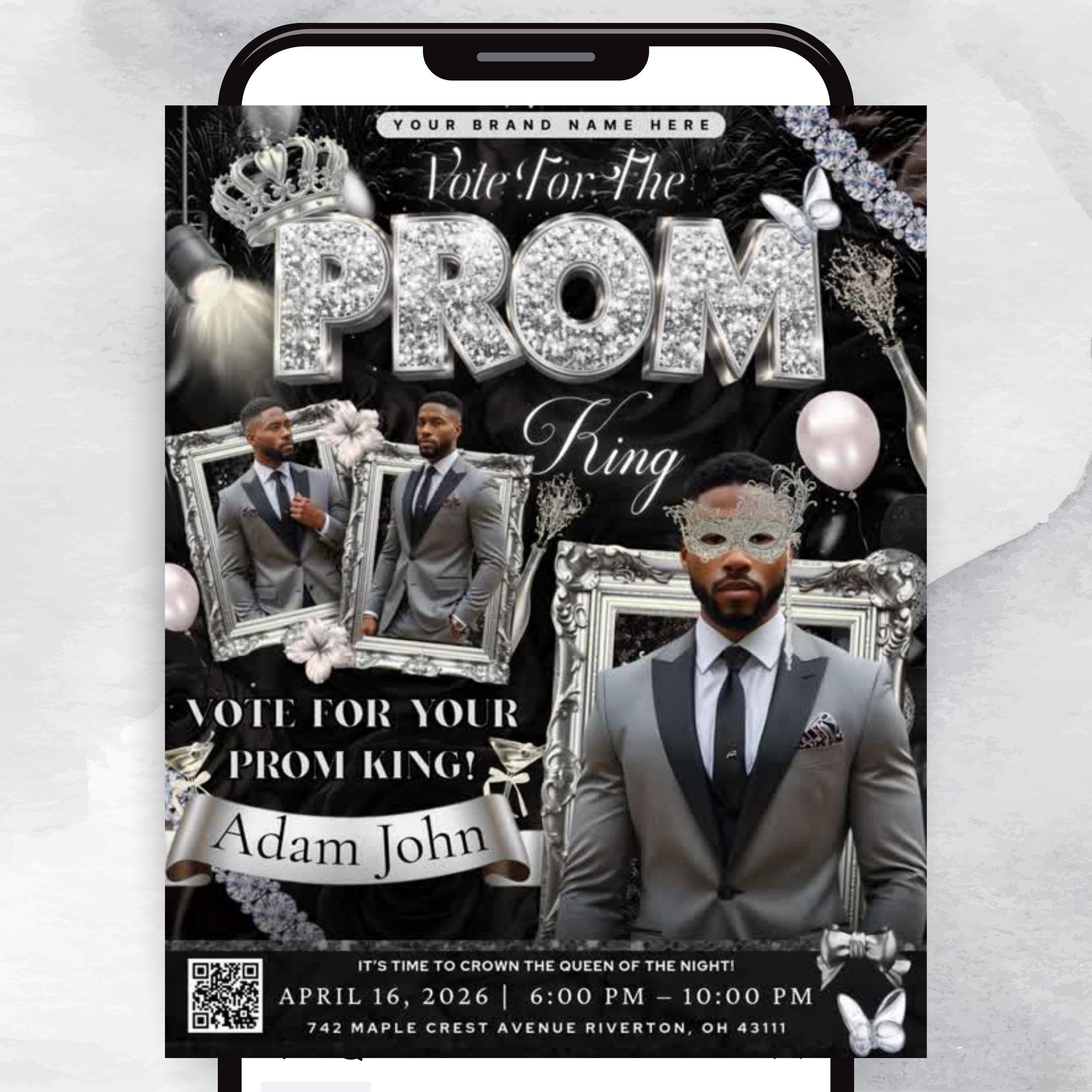 Black and Silver Prom King Flyer, Vote for Prom King Flyer, Prom Send Off Flyer, Prom Invitation Flyer, Prom King Flyer, Canva Template
