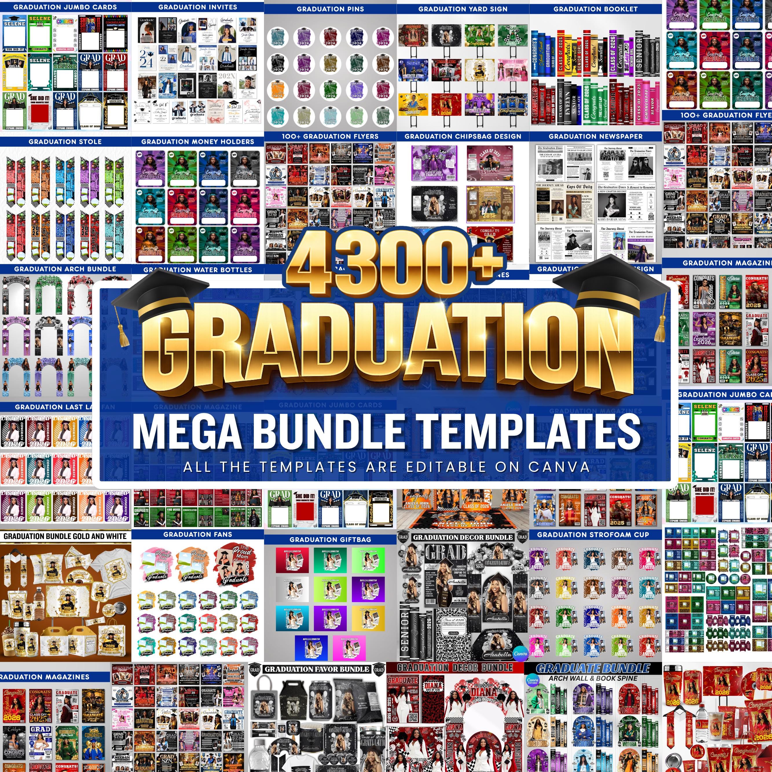Graduation Mega Bundle Canva Templates,Class of 2026 Grad Party Bundle, Grad,Decor,Newspaper,Stole,Magazine,Paddle Fan,Banner,Tshirt Designs