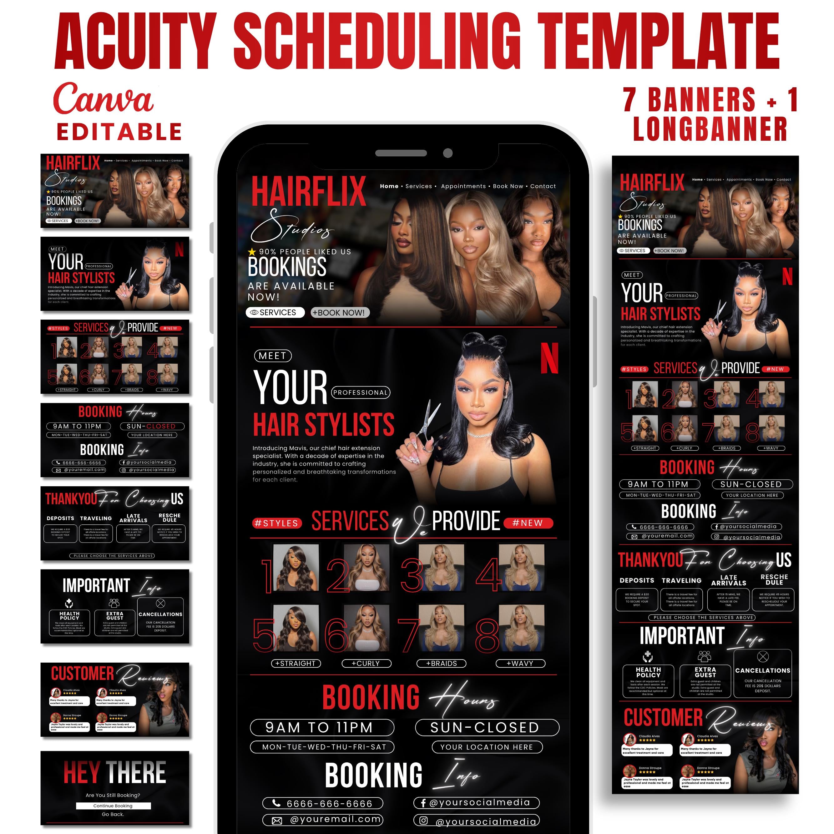 Black and Red Hairflix Acuity Scheduling Template for Hair Stylists, Lash Techs and MUAs, Hairstylist Scheduling Website, DIY Booking Site