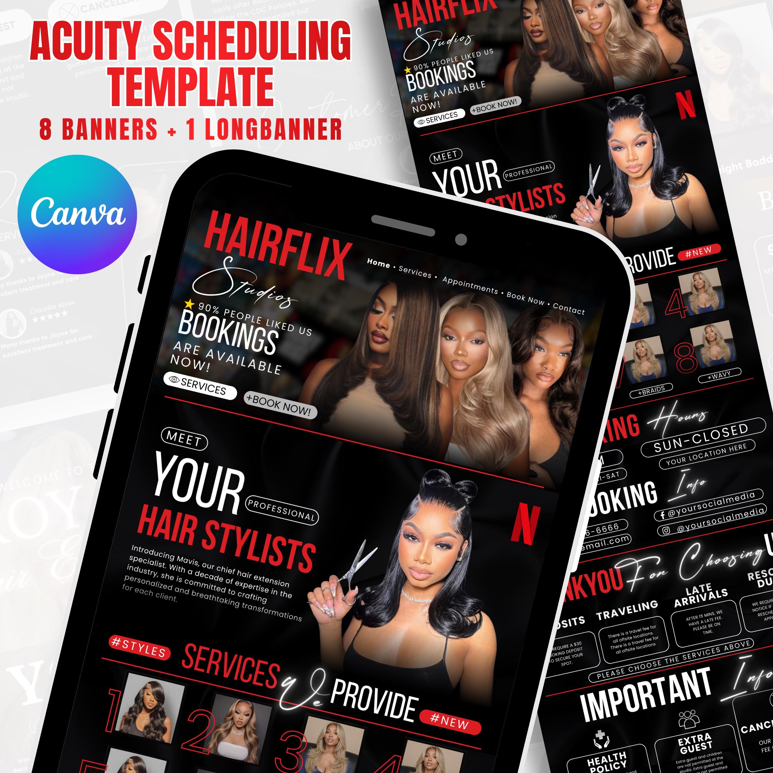 Black and Red Hairflix Acuity Scheduling Template for Hair Stylists, Lash Techs and MUAs, Hairstylist Scheduling Website, DIY Booking Site