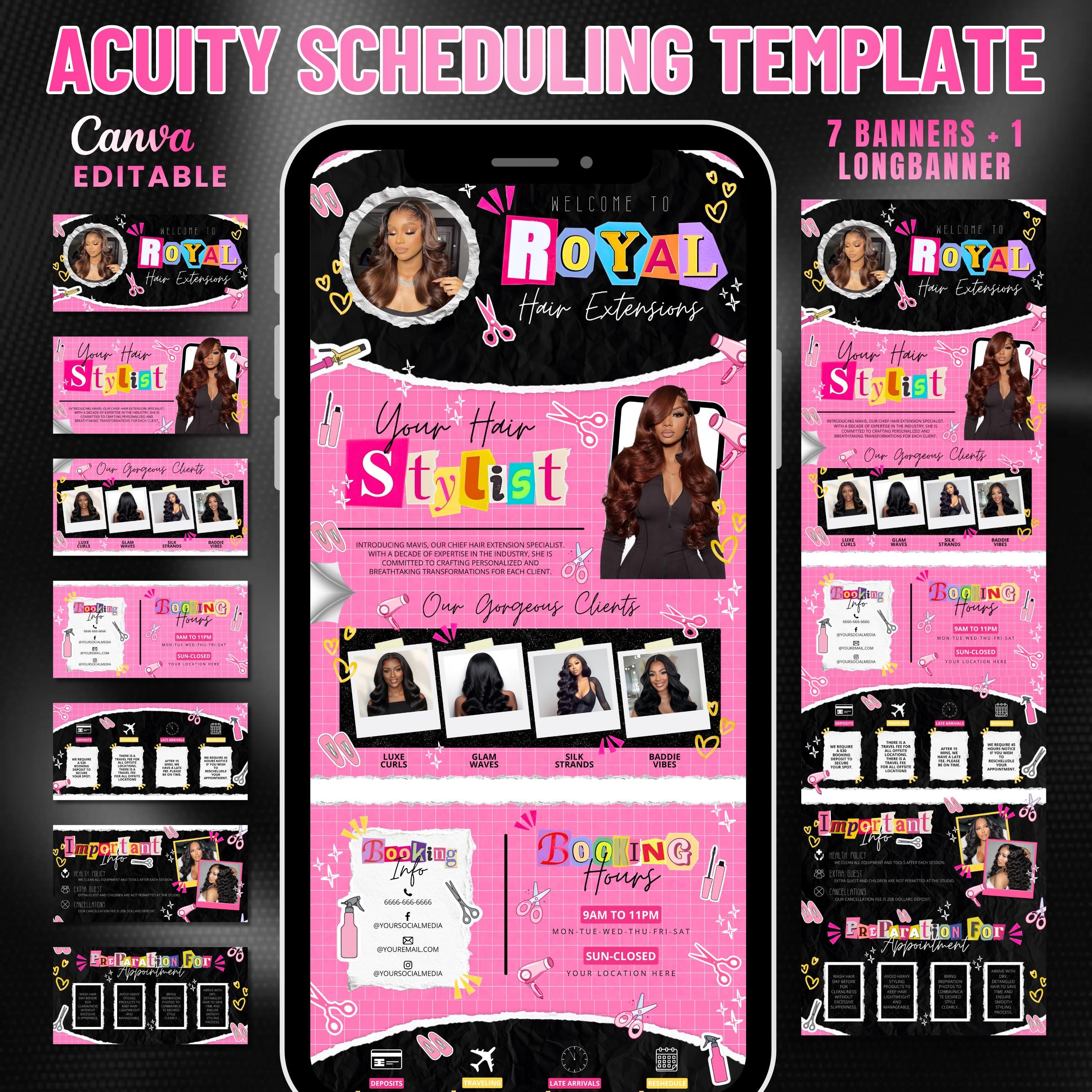 Black and Pink Scrapbook Themed Acuity Scheduling Template for Hair Stylists,LashTechs and MUAs, Hairstylist Website, DIY Booking Site Canva