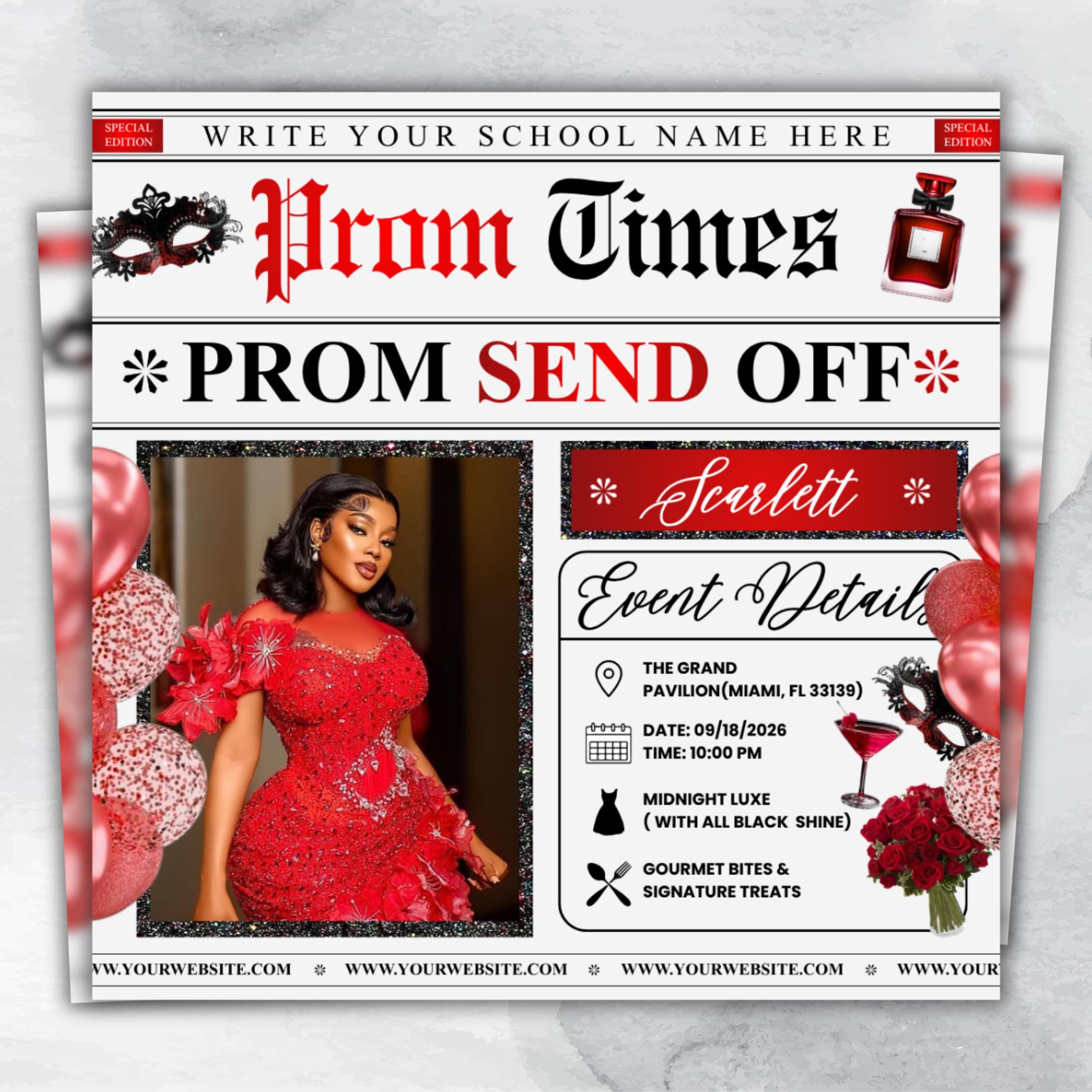 Newspaper Theme Prom Send Off Flyer For Queen, Prom Vote Flyer, Black & Red Prom Send Off, Prom Campaign Flyer, Prom Event, Canva Editable
