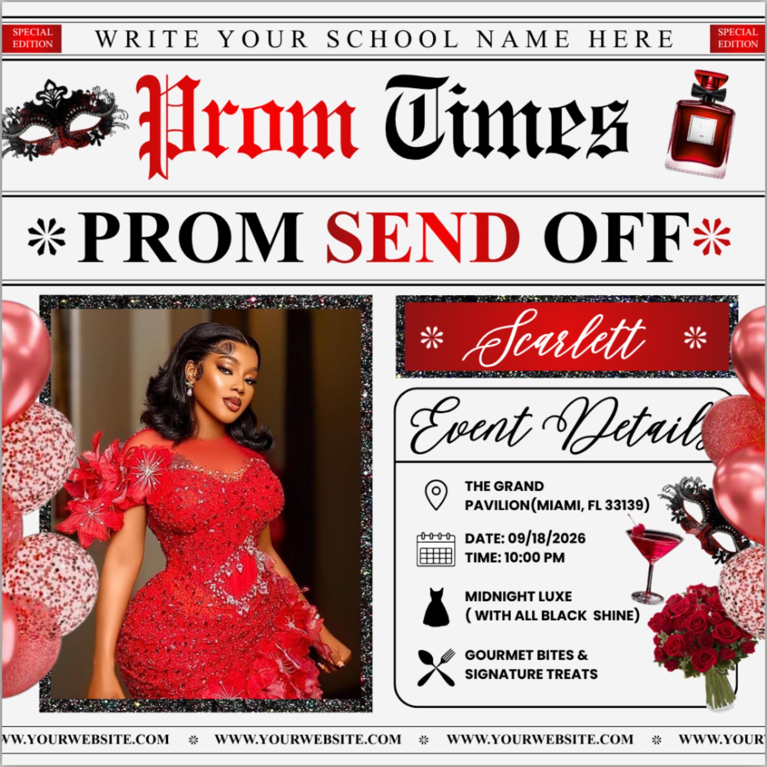 Newspaper Theme Prom Send Off Flyer For Queen, Prom Vote Flyer, Black & Red Prom Send Off, Prom Campaign Flyer, Prom Event, Canva Editable
