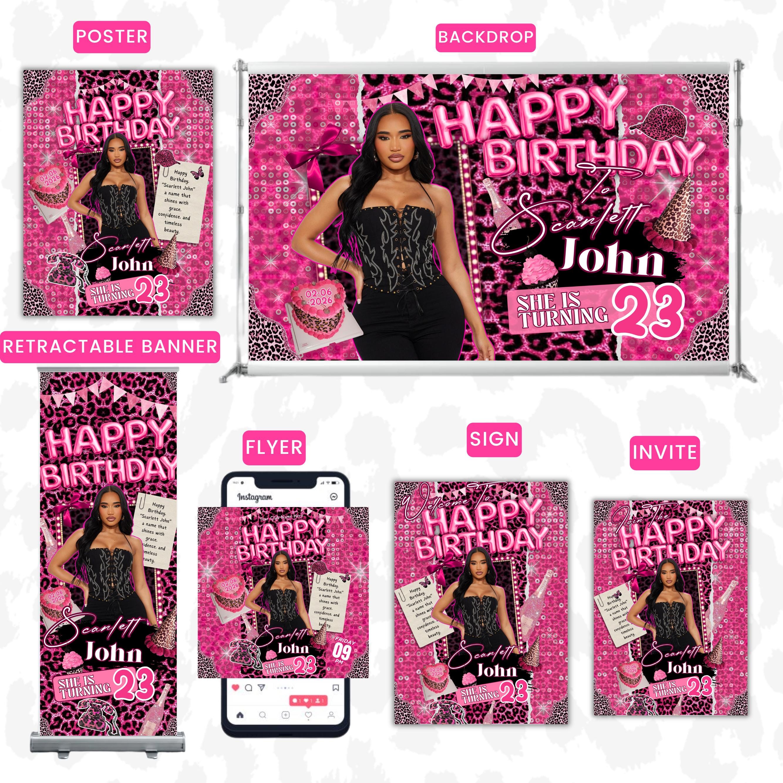 Pink Cheetah Birthday Bundle,Birthday Party Decor, Cheetah Birthday Chip Bag, Backdrop,Birthday Flyer,Birthday Pink Cheetah Birthday Banner