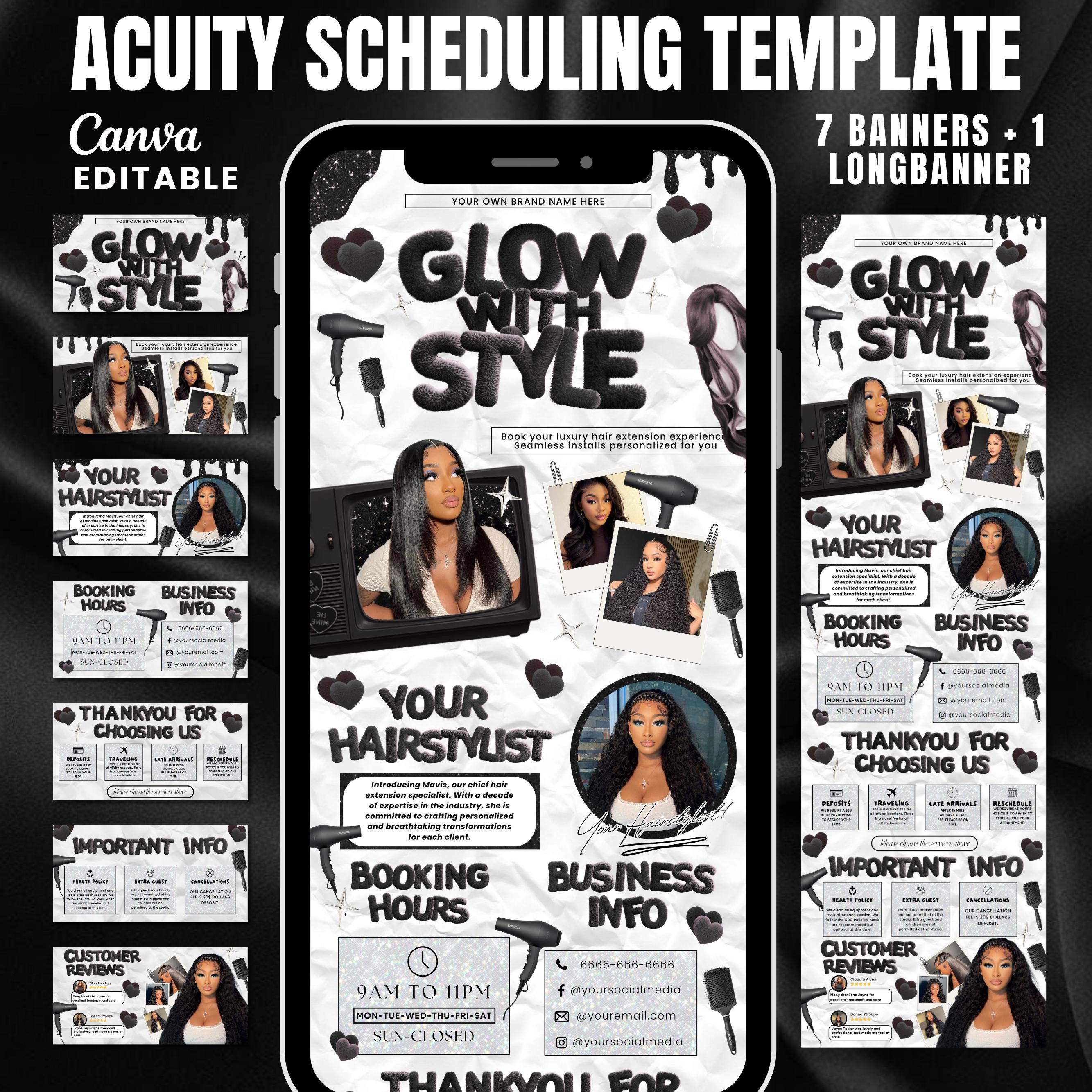 Black and White Acuity Scheduling Template for Hair Stylists, Lash Techs and MUAs, Hairstylist Scheduling Website, DIY Booking Site Canva