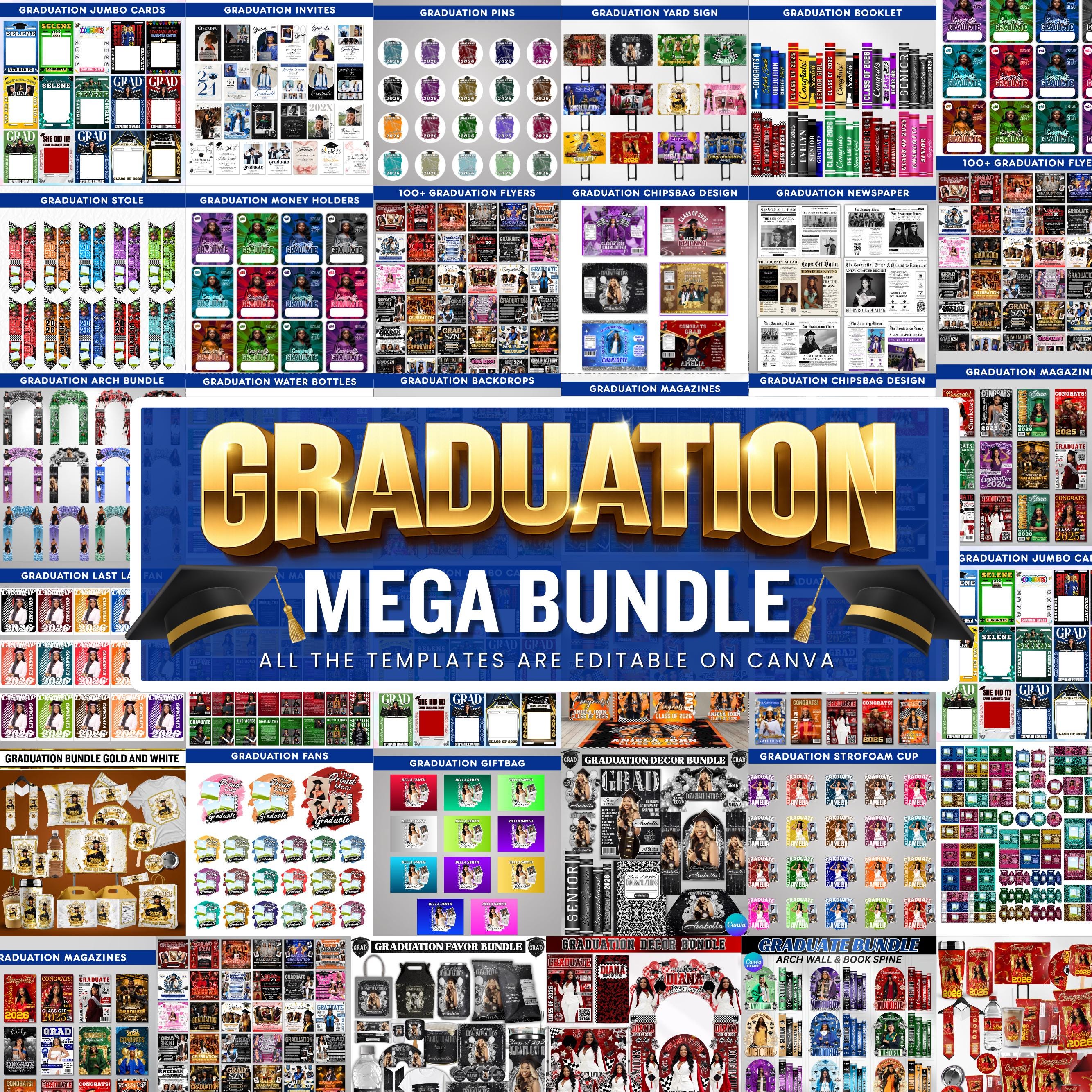 Graduation Mega Bundle Canva Templates,Class of 2026 Grad Party Bundle, Grad,Decor,Newspaper,Stole,Magazine,Paddle Fan,Banner,Tshirt Designs